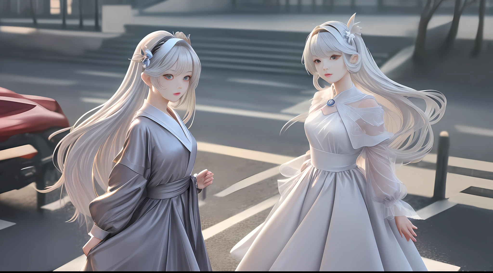 (Masterpiece, Superb Quality, Super Delicate, High Resolution), Perfect Face, Side Light, Glow Skin, Standing, (Bloom), (Shine), Lighting, Ray Tracing, Sci-Fi, City, Street, Outdoor, Depth of Field, Deep River (Genshin Impact\), Silver Eyes, Hair Above One Eye, (Hair Accessory), Chest, High Heels, Long Hair, Water Whirlwind