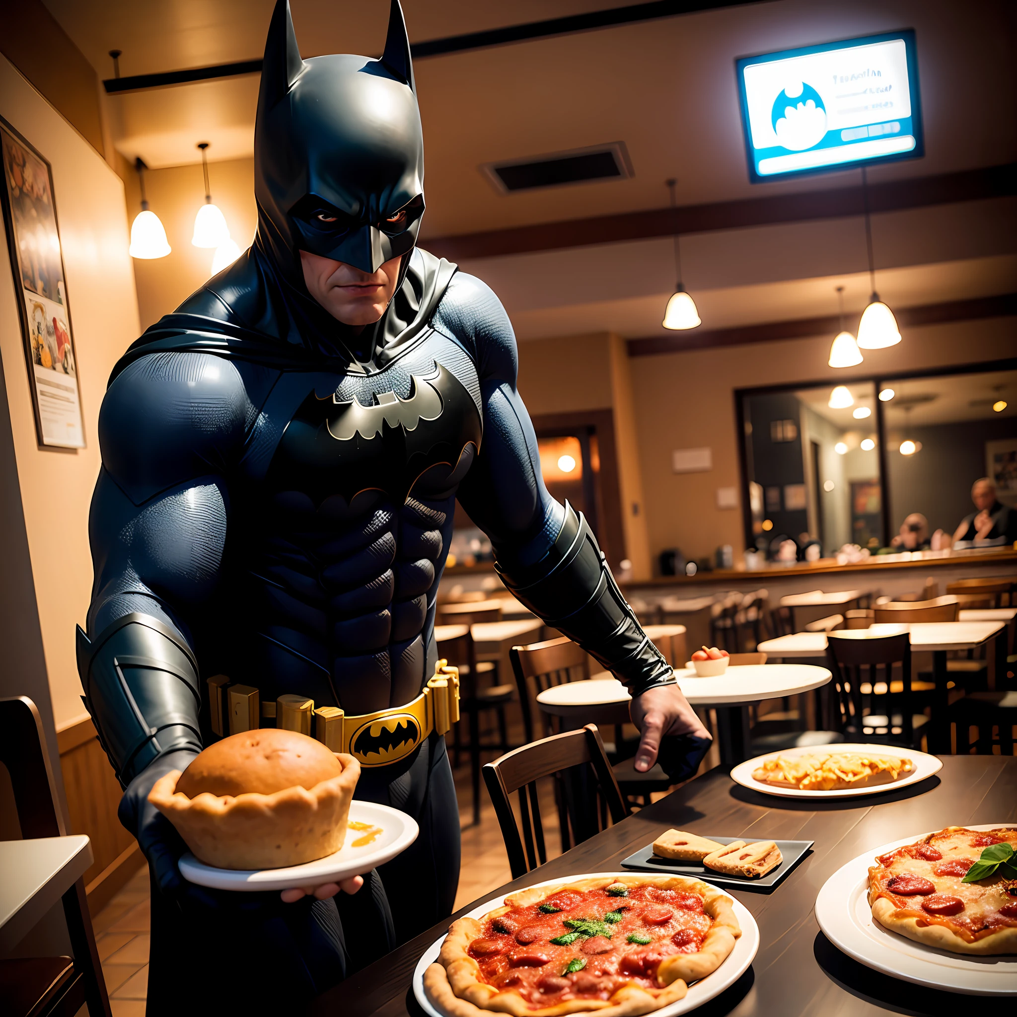 Super batman, in a pizzeria,