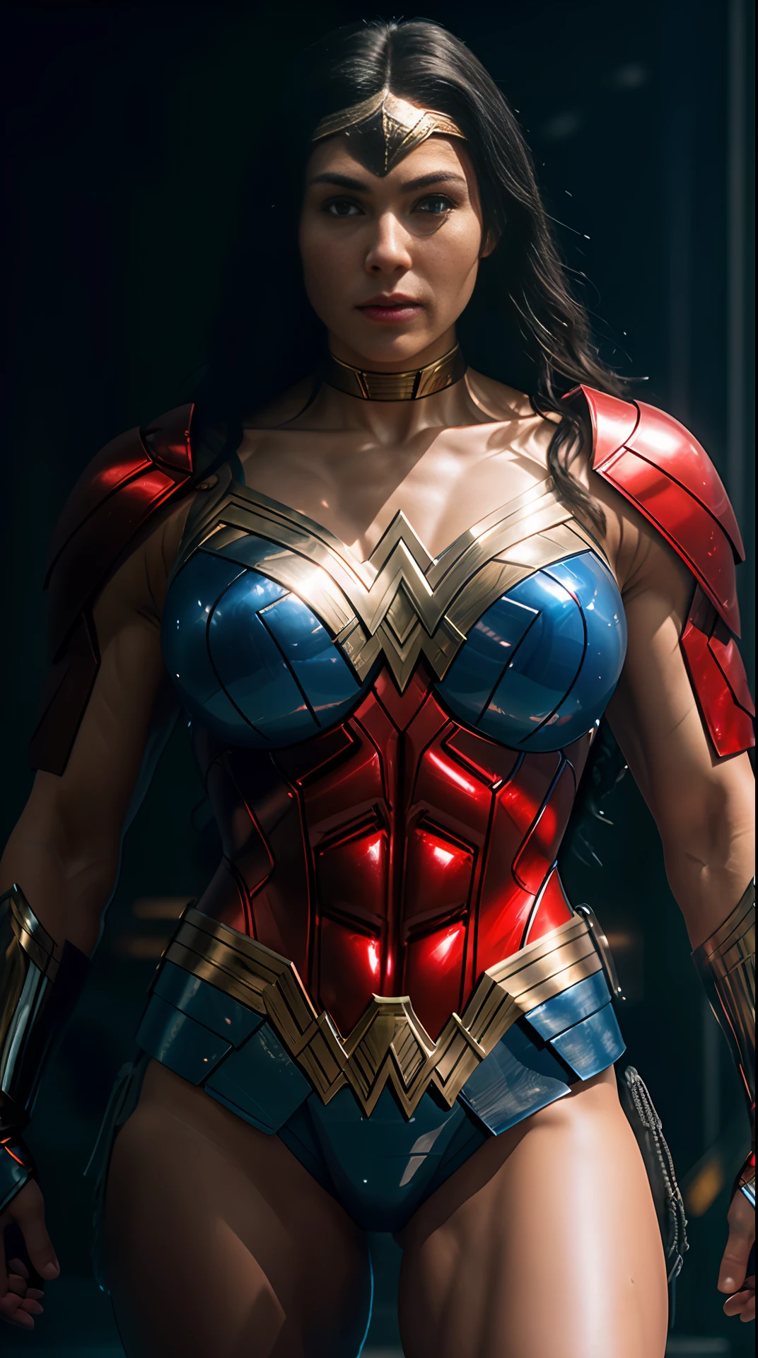 Cinematic soft lighting illuminates a stunningly detailed and ultra-realistic Wonder Woman bodybuilder, muscular, super strong, red and blue armor, that is trending on ArtStation. Octane is the perfect tool to capture the softest details of this 16k photography masterpiece