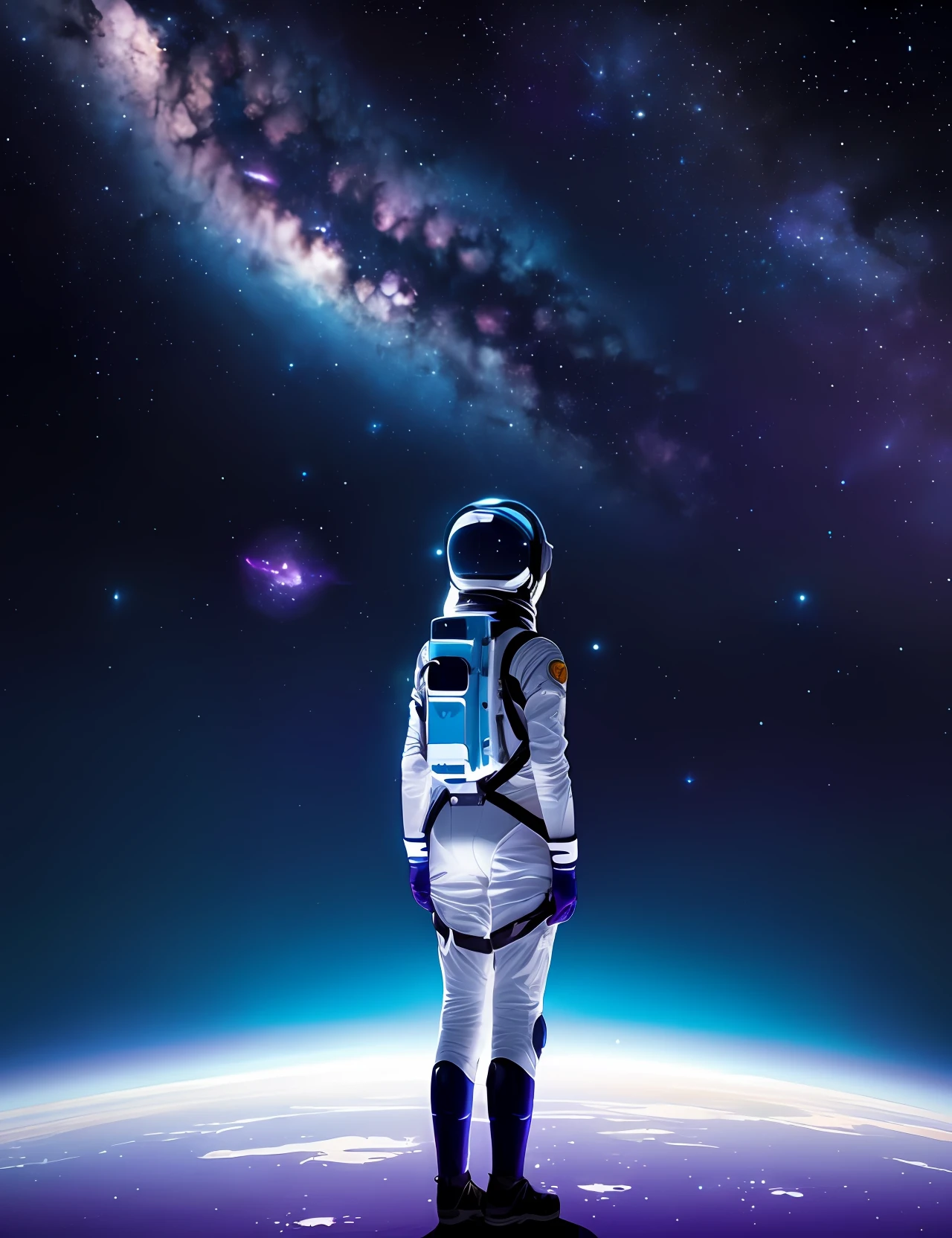 A girl lost in space, adorned in astronaut attire, gazes upon the breathtaking expanse with cinematic lighting. Her expression reflects a mixture of awe and wonderment as she beholds the cosmic wonders. The illustrative style takes inspiration from the visionary works of Chesley Bonestell, renowned for his realistic space illustrations. The color palette combines deep blues, cosmic purples, and shimmering silver, evoking the mystique of the universe. The camera angle captures the girl in a moment of solitary contemplation, highlighting her isolation amidst the vastness of space.