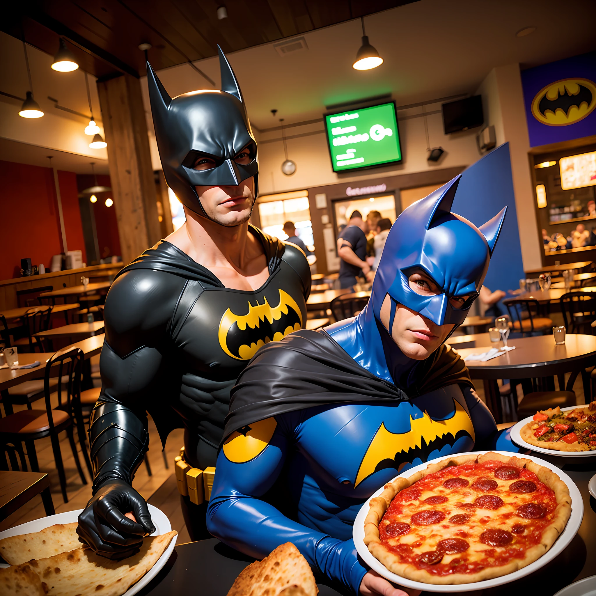 Super batman, in a pizzeria,