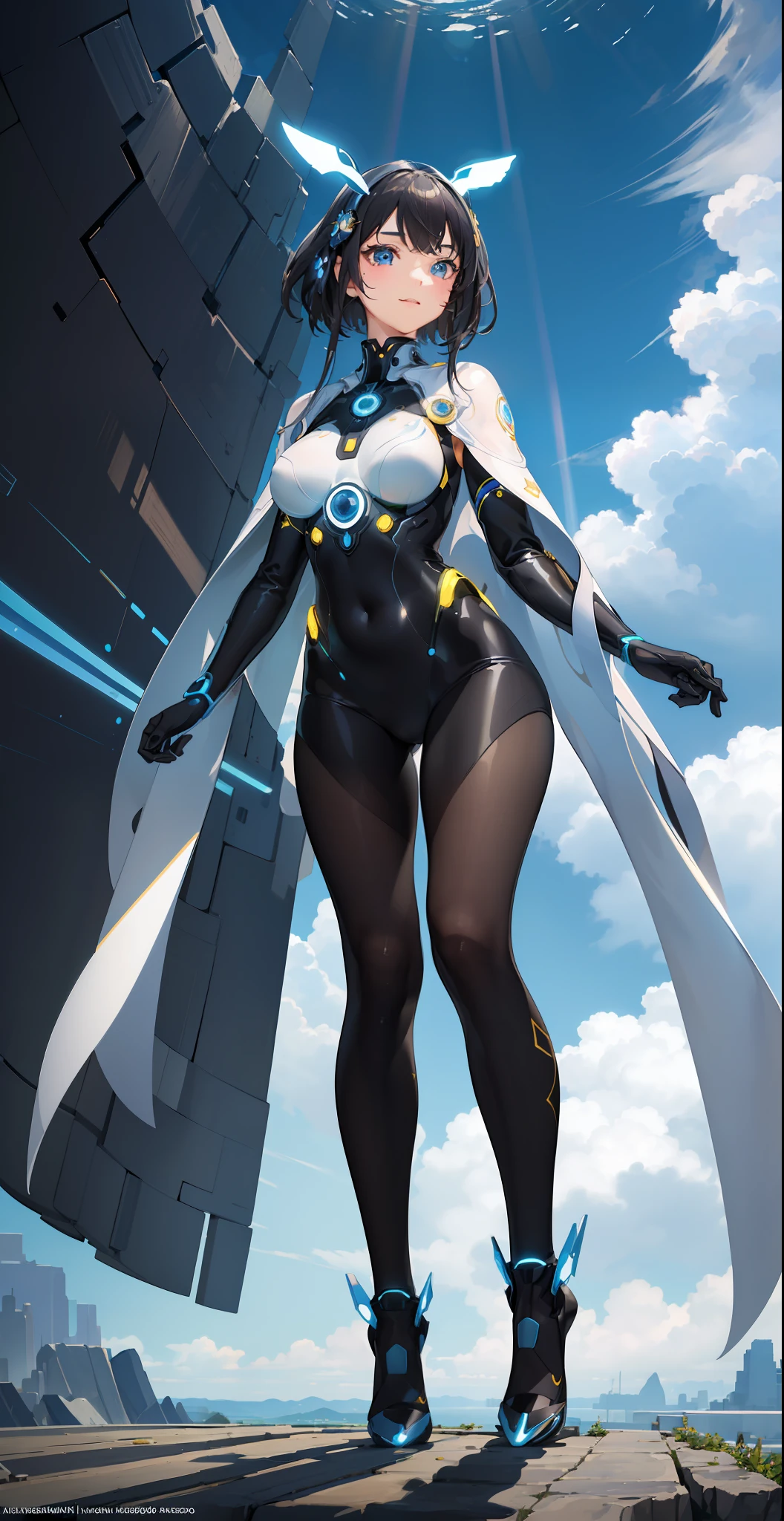 (Masterpiece, Fine and Meticulous Beautiful Eyes: 1.2), Ultra Detailed, Illustration, A Happy Girl in a Futuristic Costume with Glowing Gadgets, Standing in the Center of a Utopian Metropolis, Marveling at Its Perfect Harmony, Detailed Background, (Reality: 2), Volumetric Light, Sunlight, Rays, Sky, Clouds,