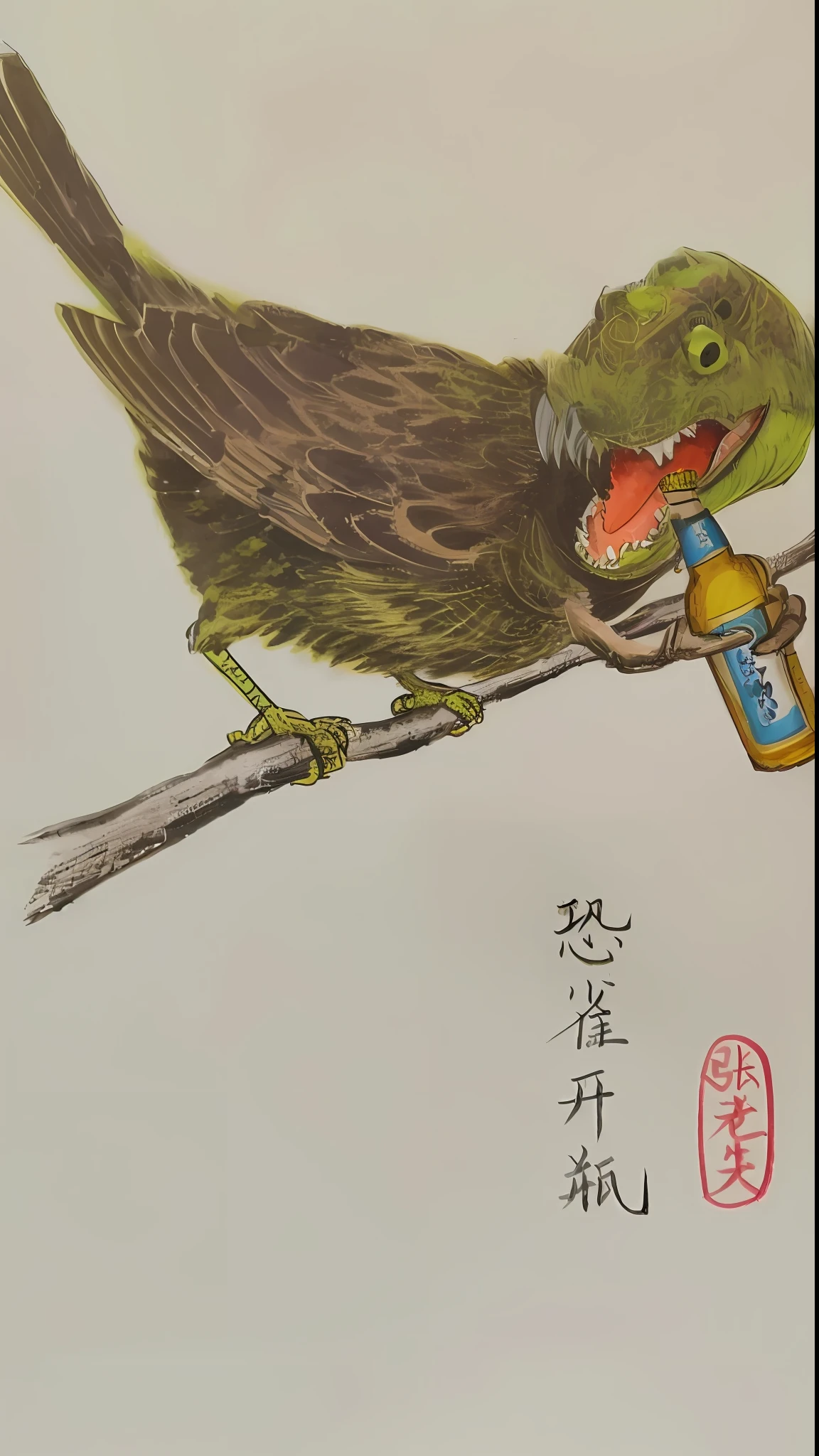 drawing of a bird with a bottle of beer in its mouth, inspired by Yoshitoshi ABe, inspired by Tsukioka Yoshitoshi, inspired by Ryōhei Koiso, inspired by Utagawa Yoshitsuya, inspired by Yoshitoshi Mori, inspired by Kōshirō Onchi, inspired by Utagawa Yoshitaki
