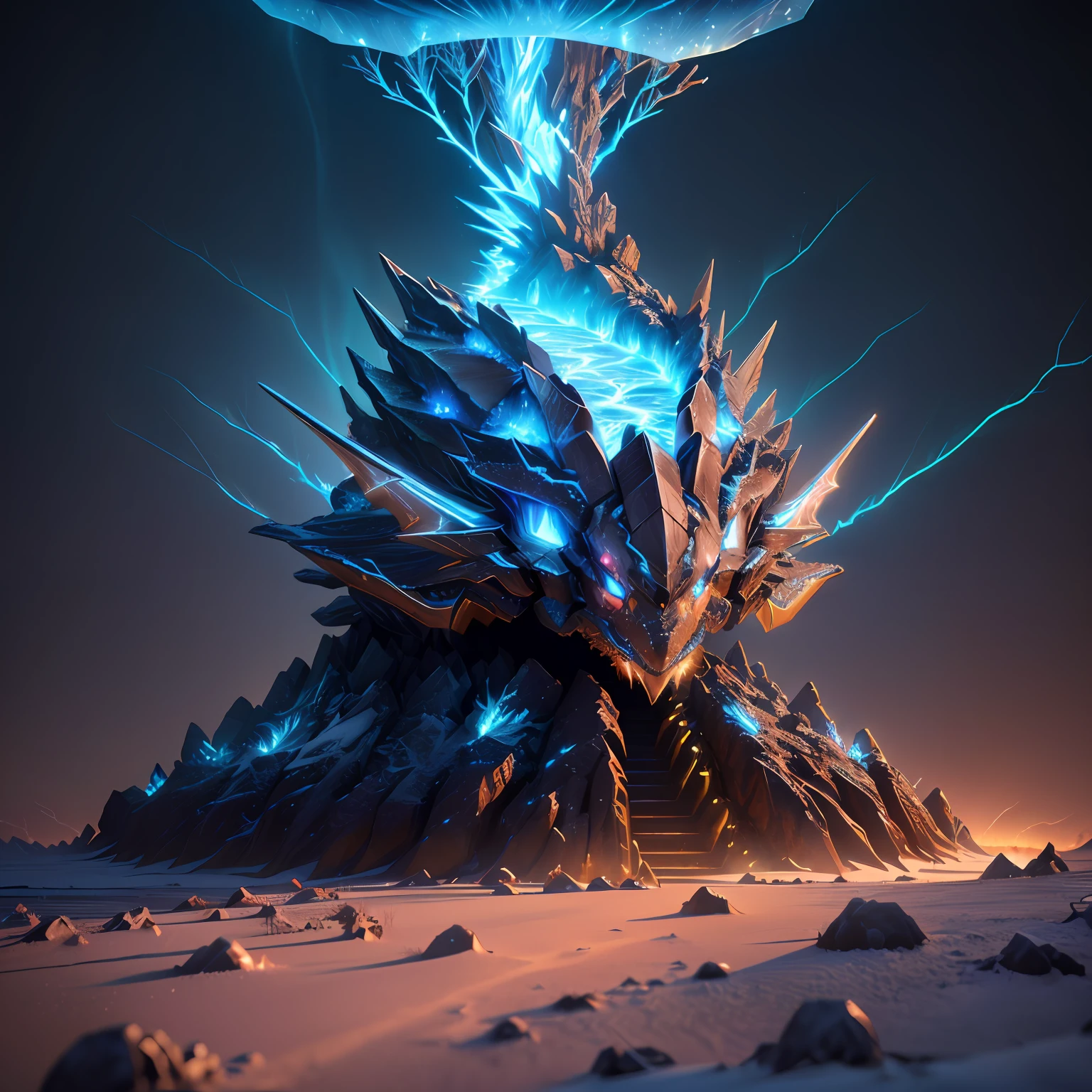 iced electric dragon style ant hill, with some lightning visual effects, glowing, fantasy, 3D, Hd, HdR, 4k upscale v--4.
