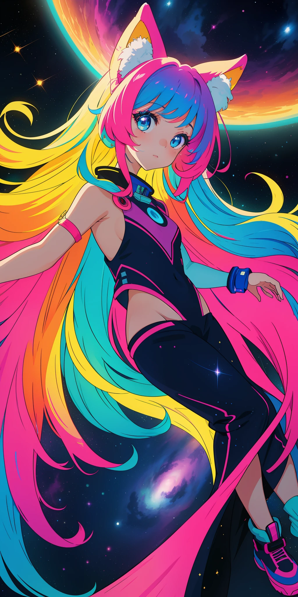 A girl in space mesmerizes with her vibrant long hair, adorned with vibrant hues, illuminated by soft and subtle lighting amidst the darkness of the cosmos. Her hair radiates a captivating brilliance, adding a touch of ethereal beauty to the scene. The illustrative style draws inspiration from the dreamlike works of Lisa Frank, known for her colorful and whimsical art. The color palette combines bold and electrifying shades, creating a visual feast of vibrant tones. The camera angle captures the girl in a graceful pose, showcasing the interplay of light and shadows in the vastness of space.