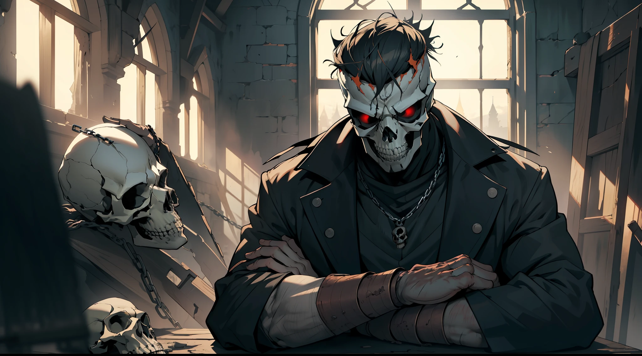 (Ultra detailed), (masterpiece), (best quality), (very detailed wallpaper of CG 8k unit), a somber being with ((skull face)) in a medieval prison, chains around his arms, a rusty torn crown on his head, a window illuminates the place with a dim, abandoned light, sunrise, concept art, soft light, warped and dimly lit clouds,  dark, cinematic, ((horror)), highly detailed, stylized wallpaper KJOKER
