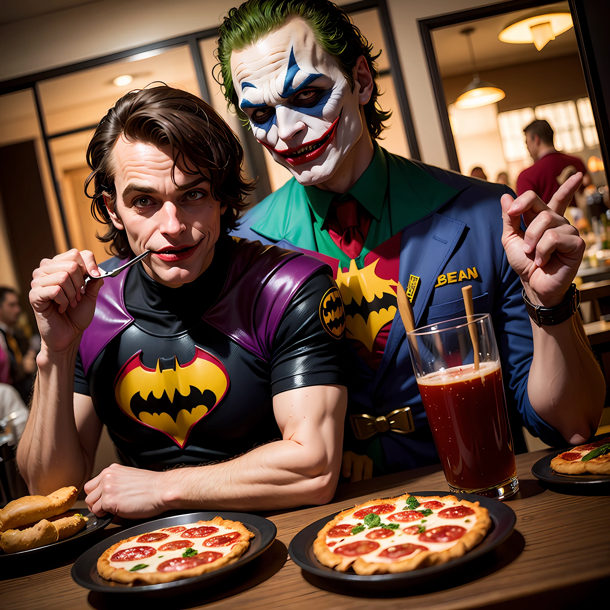 Super batman, the joker in a pizzeria,