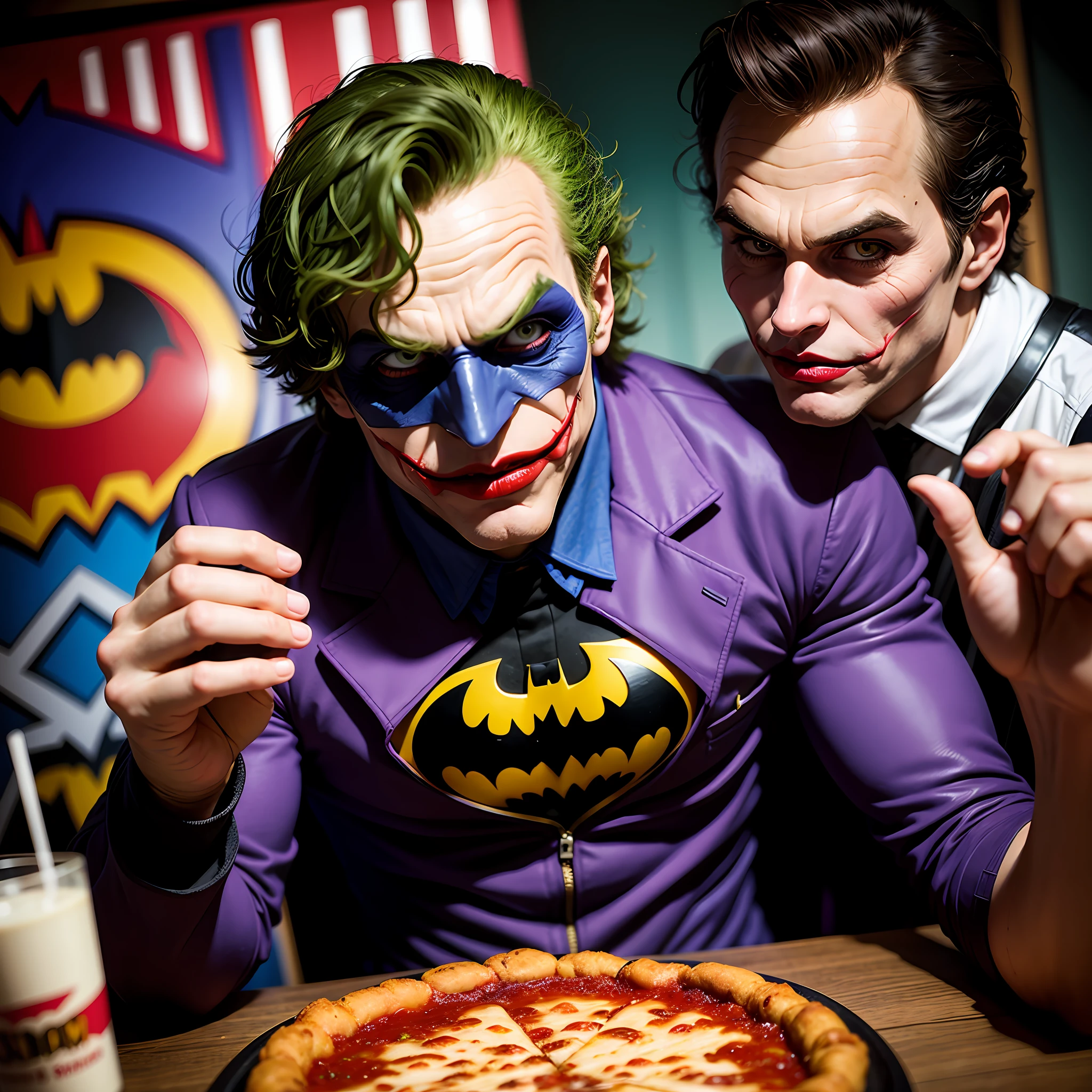 Super batman, the joker in a pizzeria,
