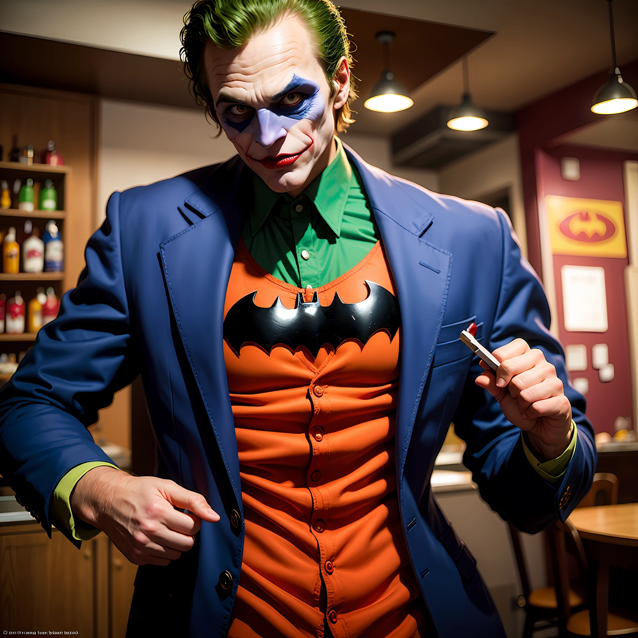 Super batman, the joker in a pizzeria,