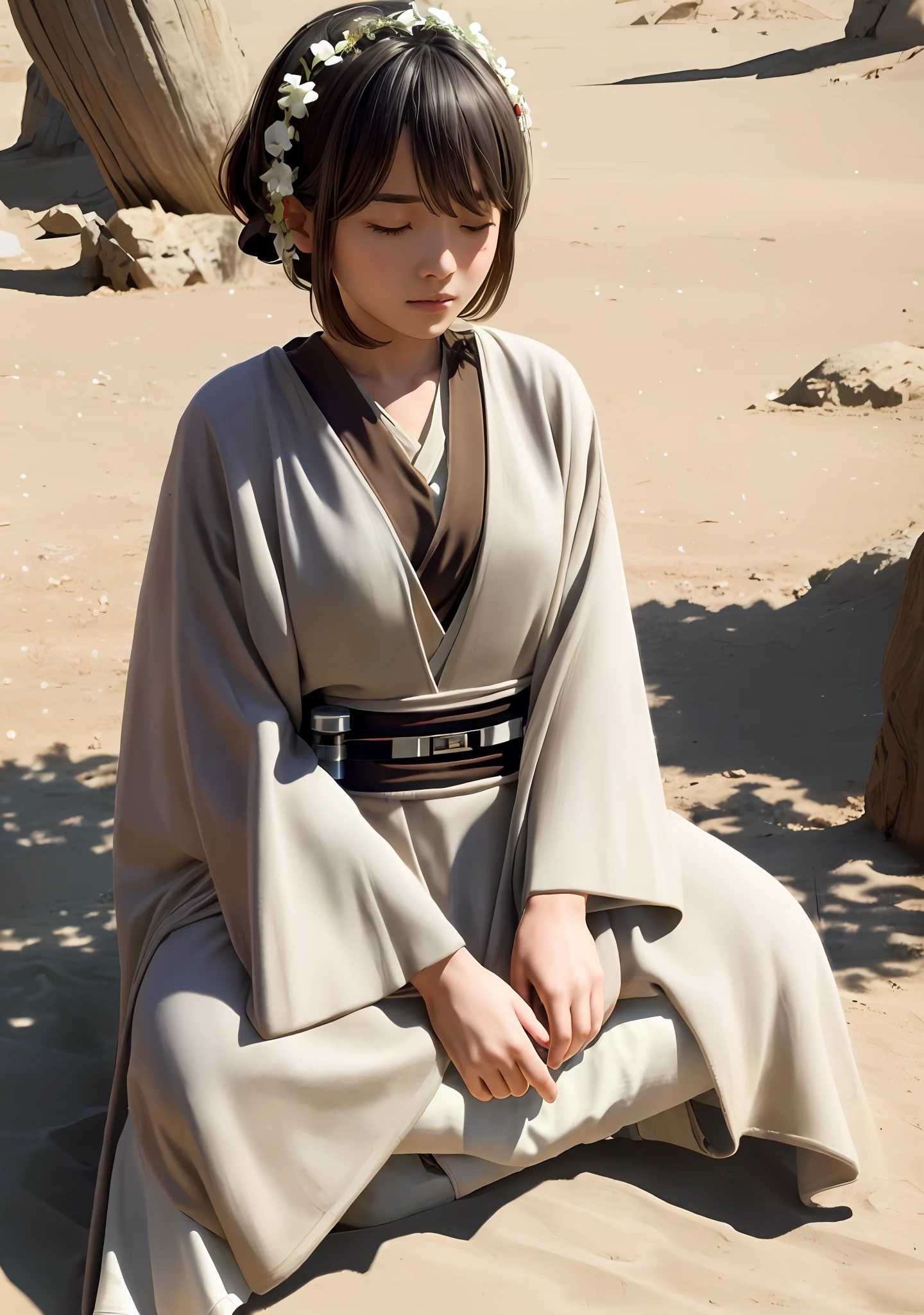 (Jedi meditation:1.3), serene photo,1girl, Jedi master in deep meditation,  in jedioutfit, sitting cross-legged,  (desert oasis:1.1), surrounded by blooming desert flowers, harmonizing with the Force, spiritual retreat, transcendent tranquility, desert enlightenment,  Absurdres, hdr, ultra detailed illustration, extremely detailed face, RAW photo, film grain, skin pores, trending on deviantart