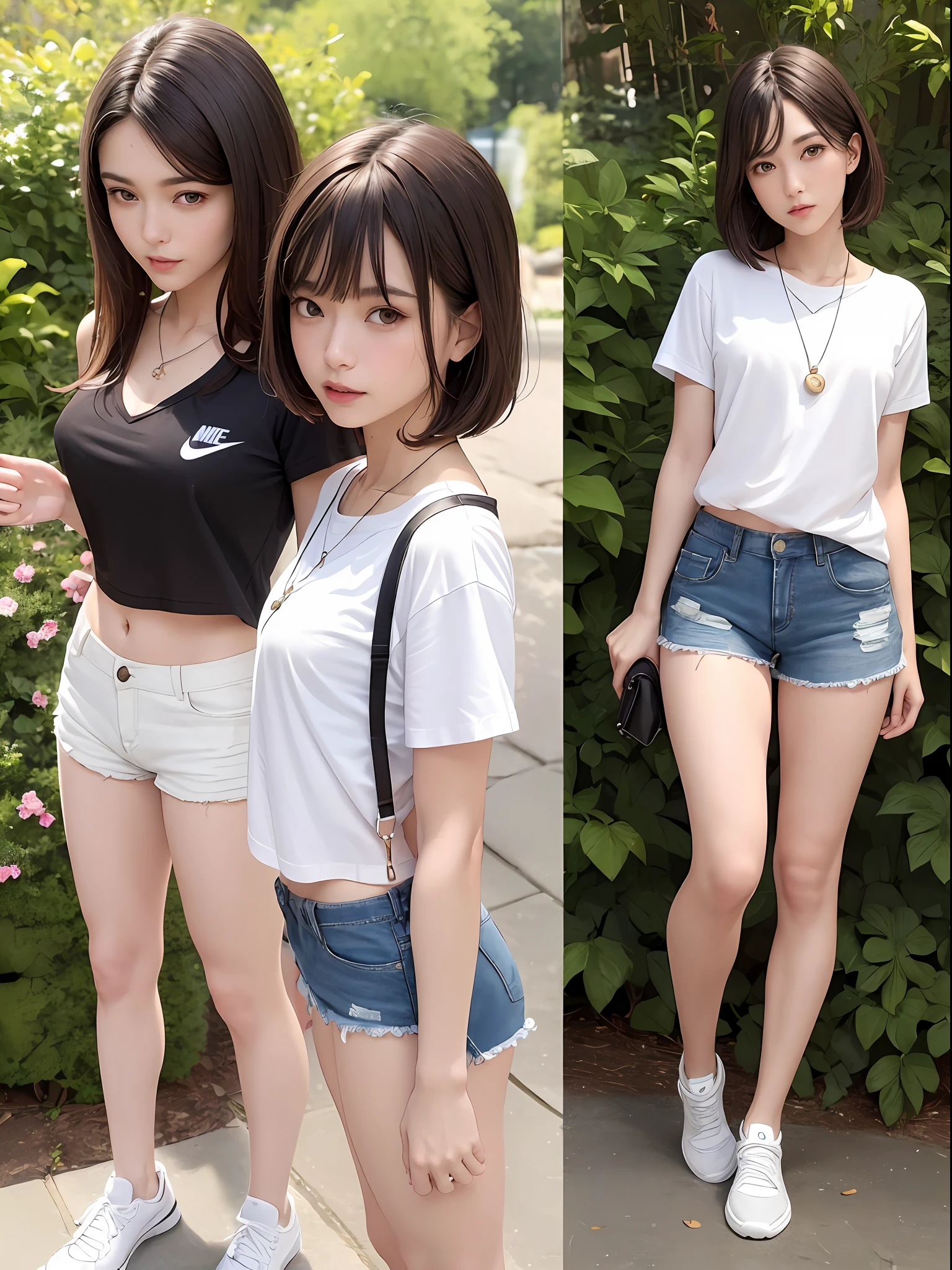 Masterpiece quality, 8K resolution, a beautiful figure, short dark brown hair, mid-chest, pendant, standing in the garden in a Henry flower shirt and ripped shorts, long slender legs, white stockings, Nike sneakers, highly detailed facial skin and double eyelids, detailed eyes looking at the camera.
