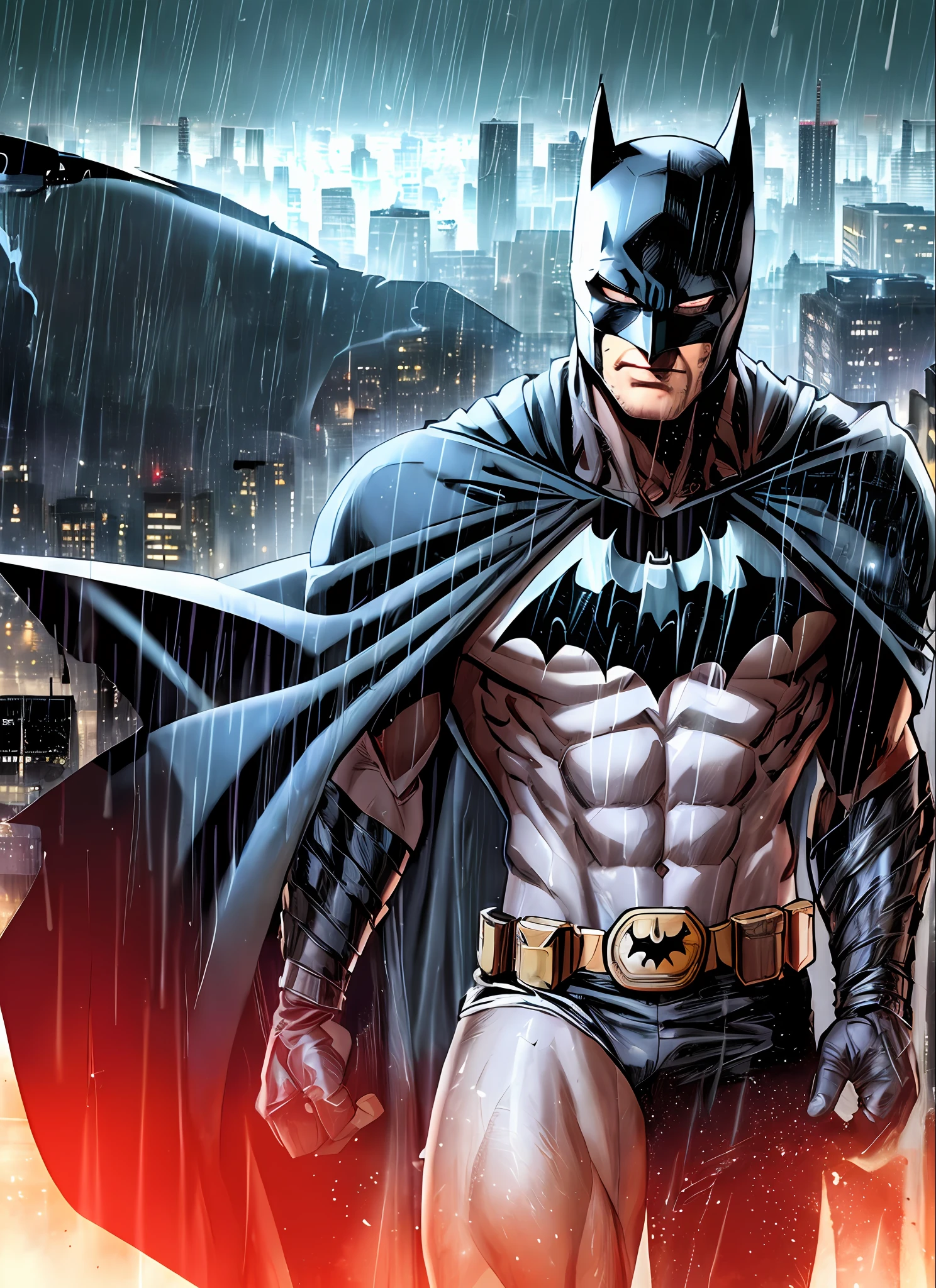 1boy, dark scene, cowboy shot of batman, athletic, white eyes, no pupils, night city, mist, particles, male focus, mask, muscular, muscular male, ragged and torn cape, night, outdoors, rain, serious, dark armosphere, detailed background, jim lee,