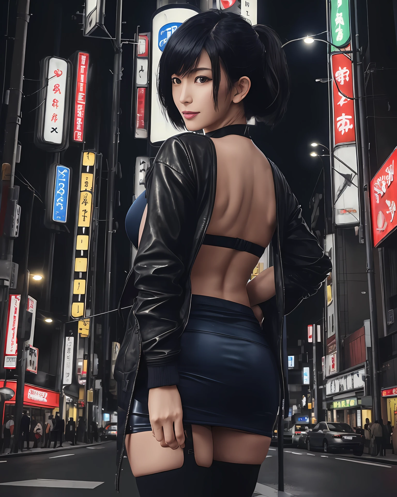 ((masterpiece)), ((high details)), ((high detail face)), intricate detail, depth of field, backlighting, award winning, (high quality), (best quality), 8k, Motoko Kusanagi, mature female, (inverted bob hair:1.3), (smile), (medium breast), short dark blue hair, ponytail, (cyberpunk jacket), white tanktop, black miniskirt, (thick bottom), outside, street, Tokyo, night, afternoon, dark, standing, looking at the viewer, neon lights, building lights
