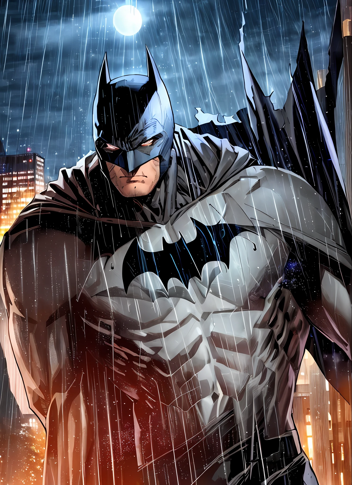 1boy, dark scene, cowboy shot of batman, athletic, white eyes, no pupils, night city, mist, particles, male focus, mask, muscular, muscular male, ragged and torn cape, night, outdoors, rain, serious, dark armosphere, detailed background, jim lee,