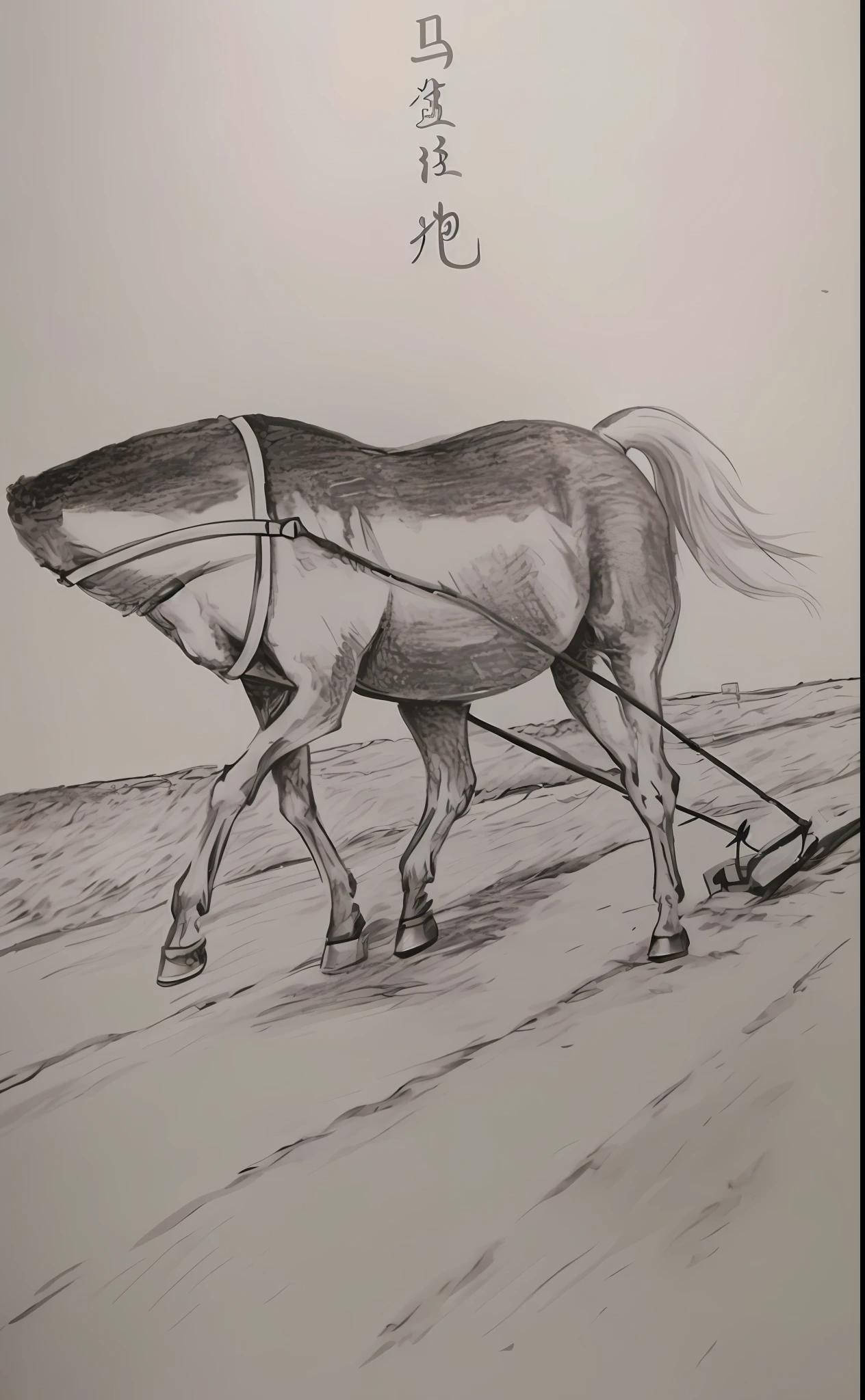 Drawing an art painting in the style of George Stubbs and Rosa Bunch, depicting a horse ploughing the field, the body of the horse is composed of the head of a shark and the body of the horse, the art painting needs to keep the details in place without losing the sense of vividness