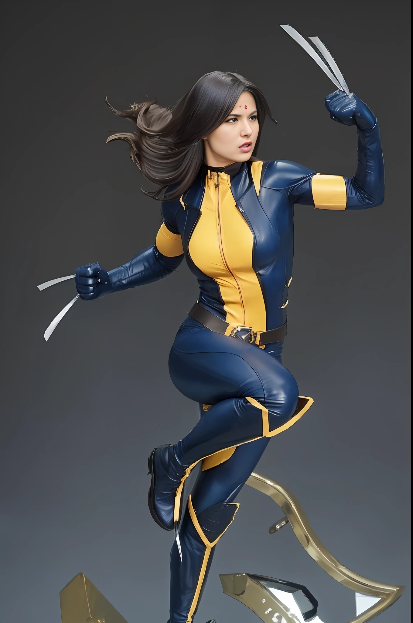 Super heroine, leather suit, long hair, claws in hand, anger on face, muscular body.