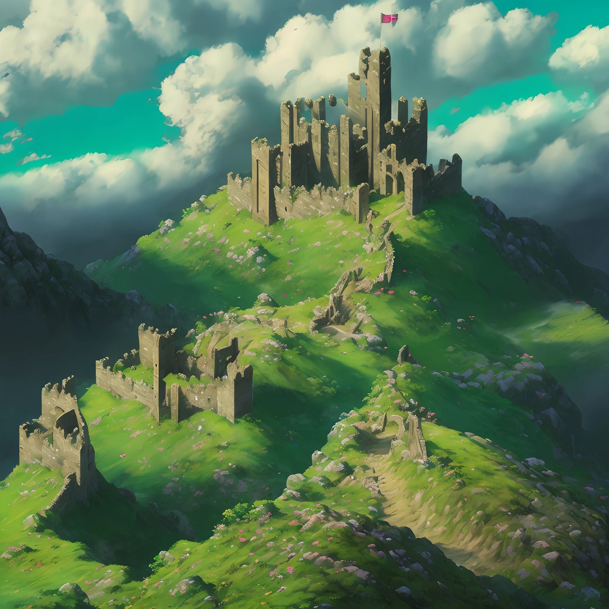 Castle ruins towering over the hill, castle ruins, 8k, anime art style,