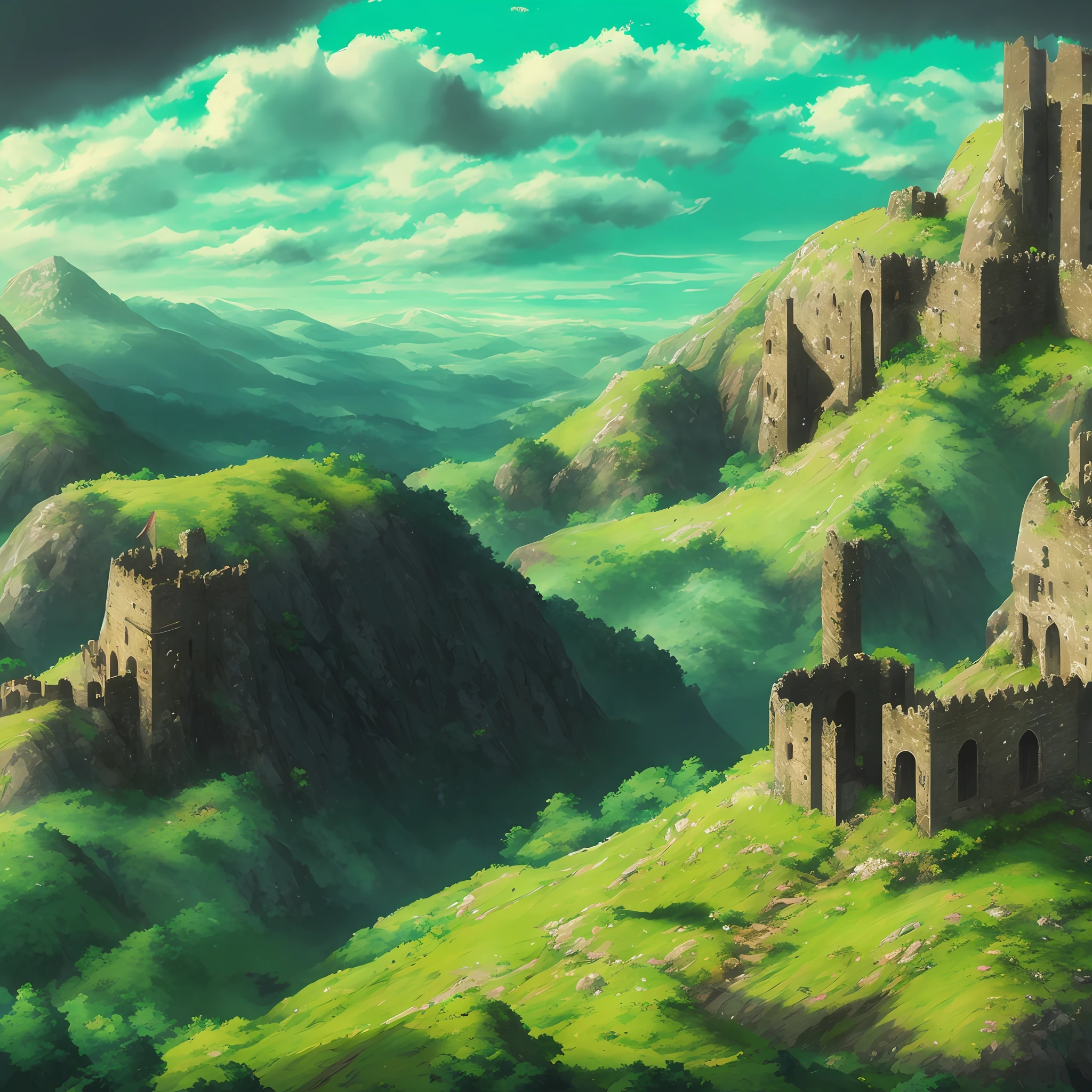 Castle ruins towering over the hill, castle ruins, 8k, anime art style,