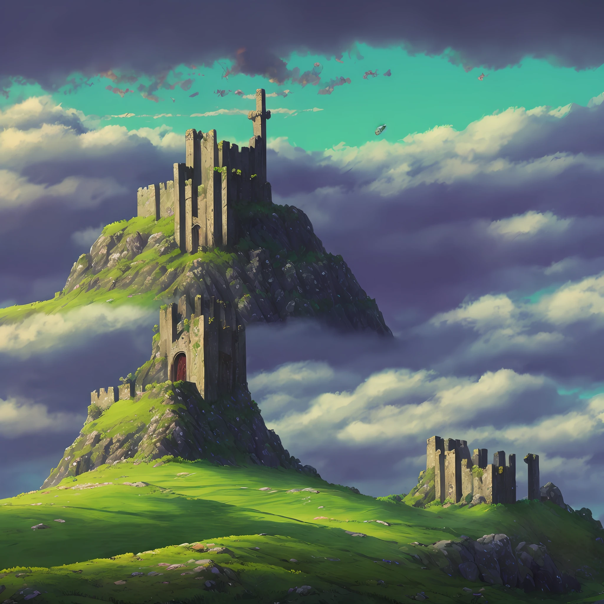 Castle ruins towering over the hill, castle ruins, 8k, anime art style,