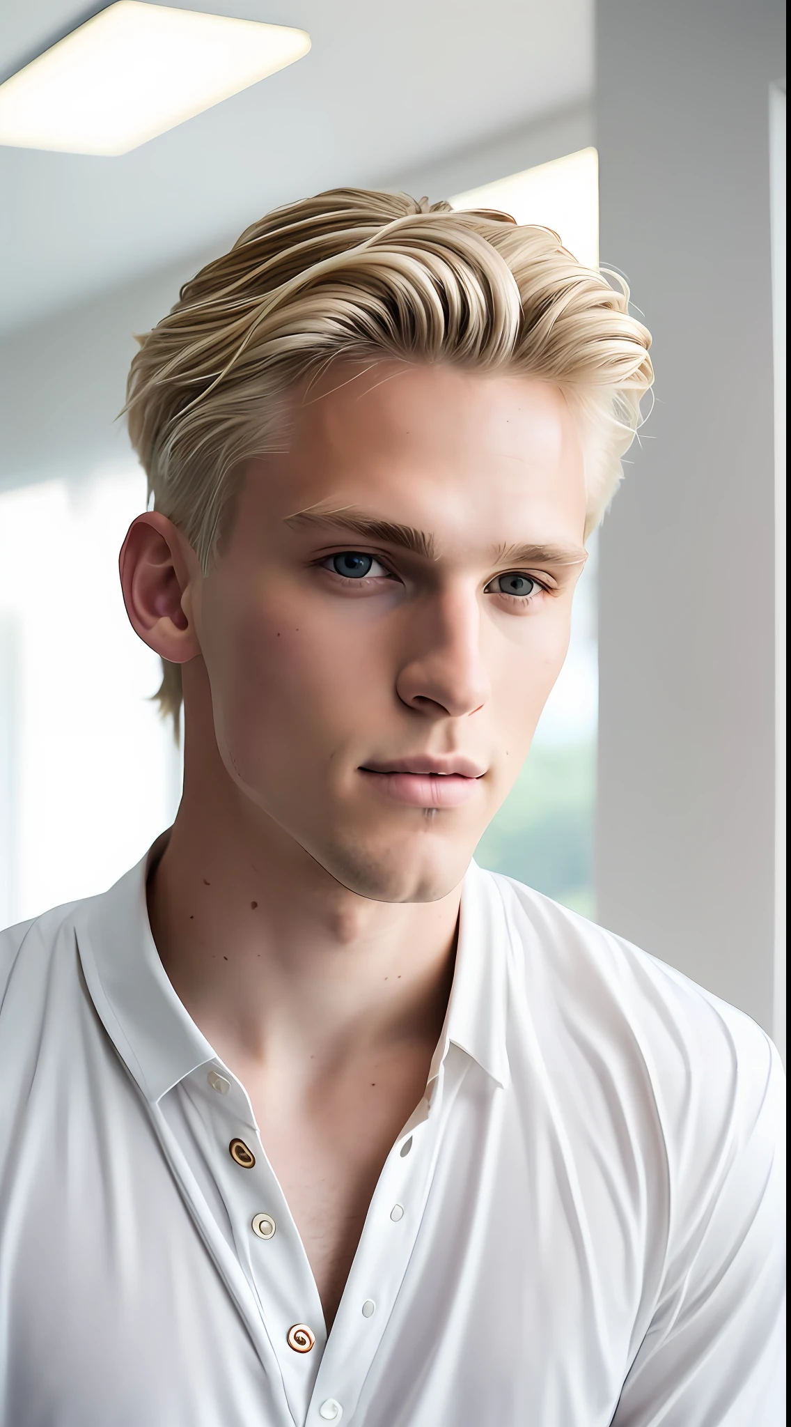 Photo in Raw, Fashion photo essay, a male model, blonde hair, light eyes, room with natural light, comfortable clothes, with contour light in the hair and soft light on the face, portrait plane, high quality, Sony A7III, 8k, 80mm 1.2 lens