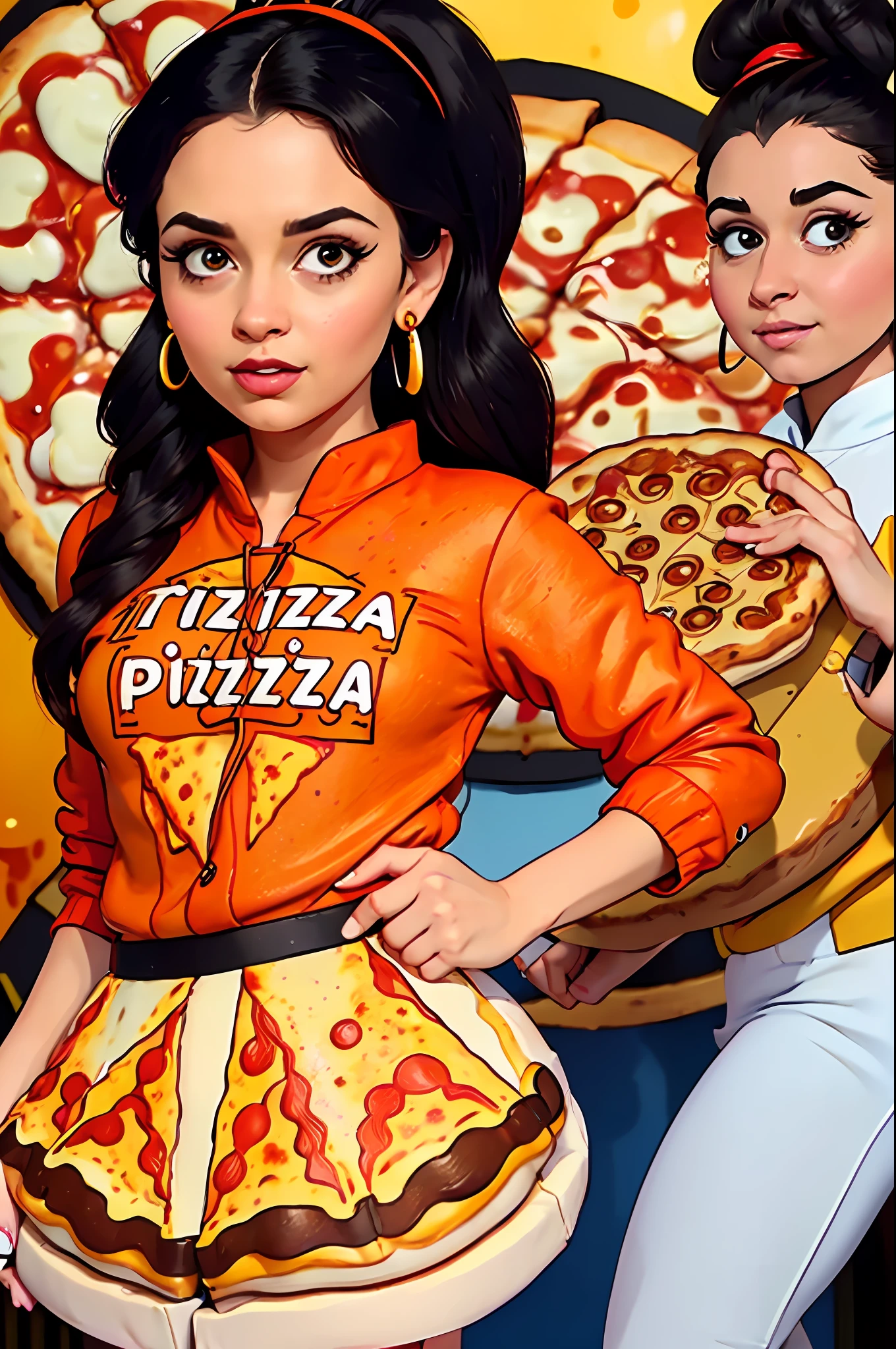 (masterpiece), (best quality), HDR, intricate detail, 1girl, individual focus, woman, light brunette white skin, skindentation, perfect face, gorgeous face, big eyes, orange eyes, perfect eyes, eyelashes, black hair absurdly long high ponytail, (((pizza delivery))), pizza box, employee badge, orange shirt with light blue, (((pizza delivery outfit)), hair ornament,  Earrings