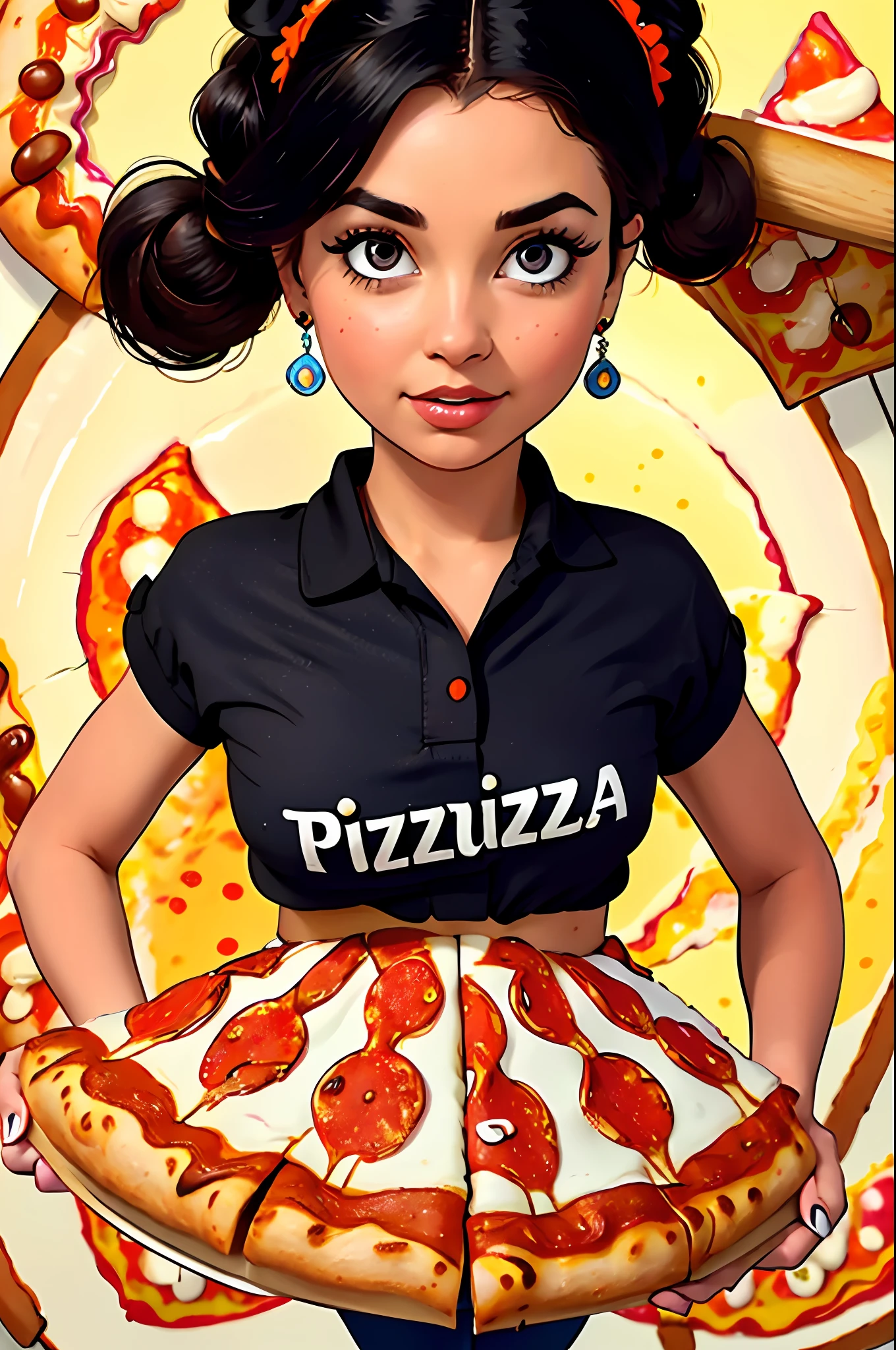 (masterpiece), (best quality), HDR, intricate detail, 1girl, individual focus, woman, light brunette white skin, skindentation, perfect face, gorgeous face, big eyes, orange eyes, perfect eyes, eyelashes, black hair absurdly long high ponytail, (((pizza delivery))), pizza box, employee badge, orange shirt with light blue, (((pizza delivery outfit)), hair ornament, Earrings