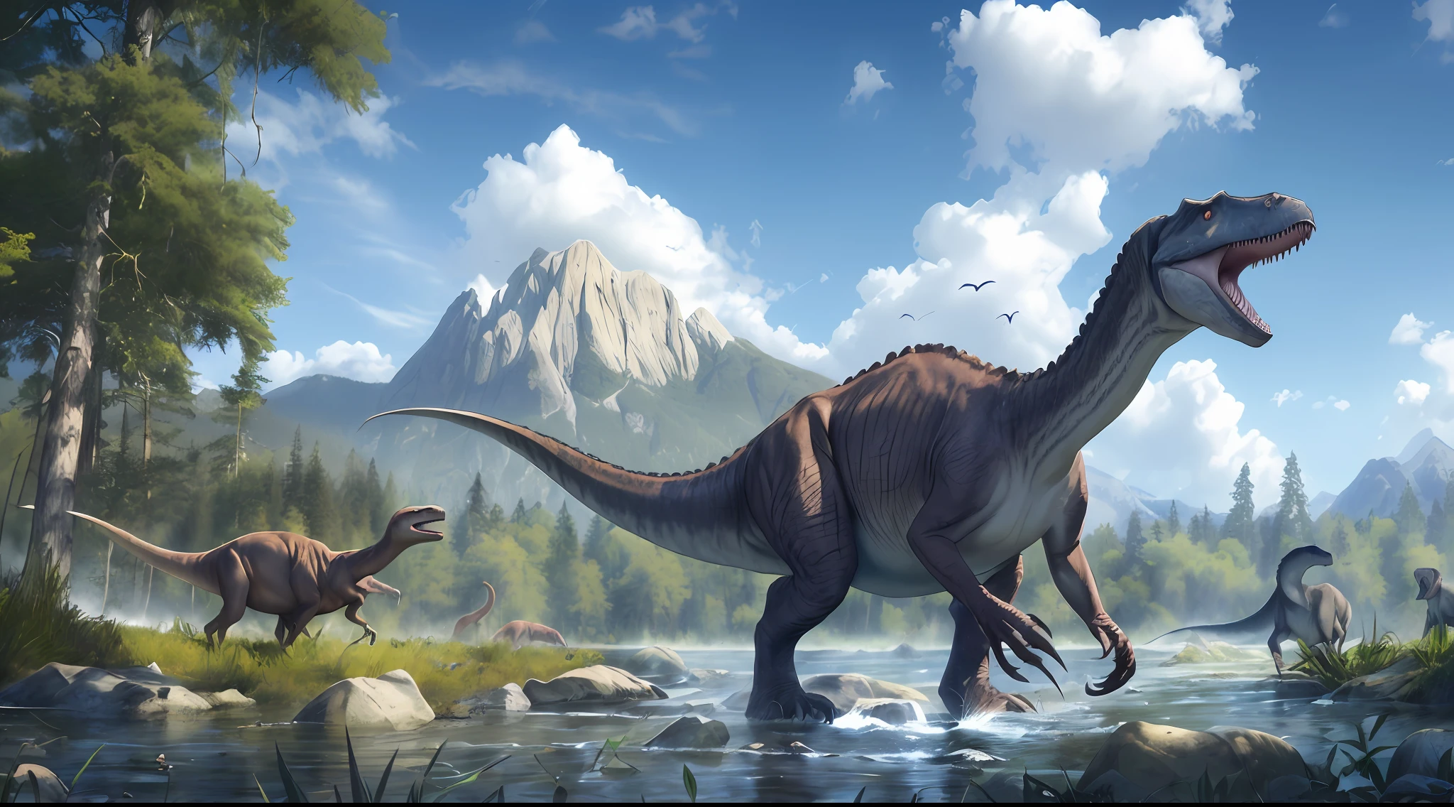 araffes in a forest with a mountain in the background, realistic paleoart, realistic photography paleoart, paleoart, 4 k hd wallpaper very detailed, by Alexander Kucharsky, by Aleksander Gierymski, 4k highly detailed digital art, by Arthur Pan, by Alexander Sharpe Ross, by Sava Šumanović, jurassic image