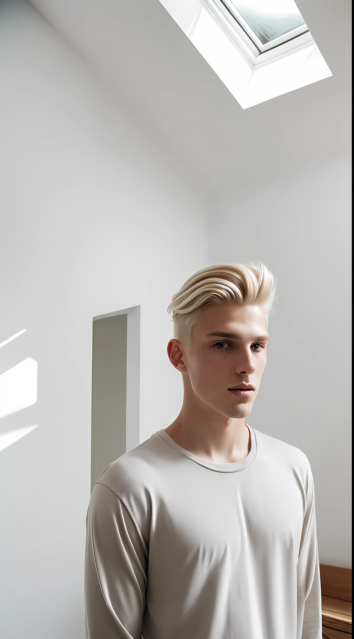 Photo in Raw, Fashion photo essay, a male model, blonde hair, light eyes, room with natural light, comfortable clothes, with contour light in the hair and soft light on the face, general plan, high quality, Sony A7III, 8k, lens 16 mm 2.4