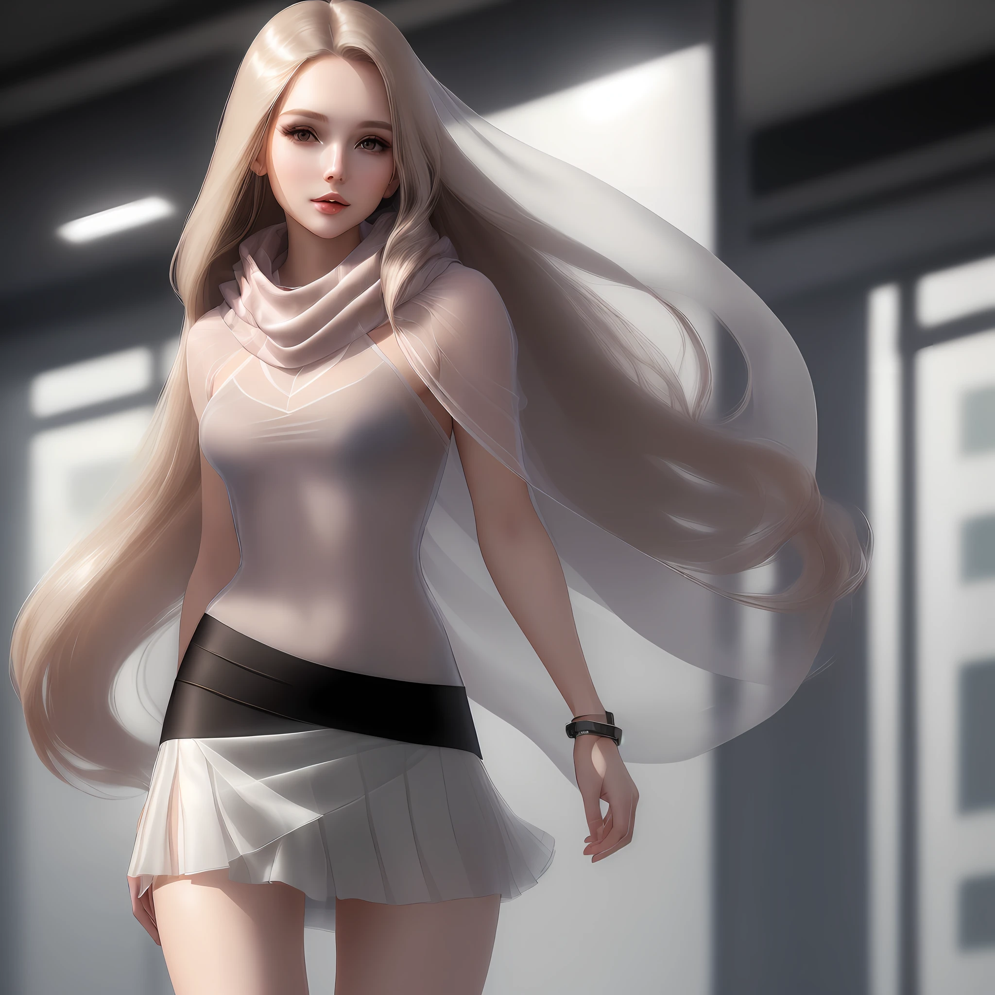 ((Fashionable women), (Beautiful, work photos), (Clear characters, realistic picture texture: 1.2), (Miniskirt, slender legs, shawl long hair: 1.1), (Straight features), (Transparent upper body))
