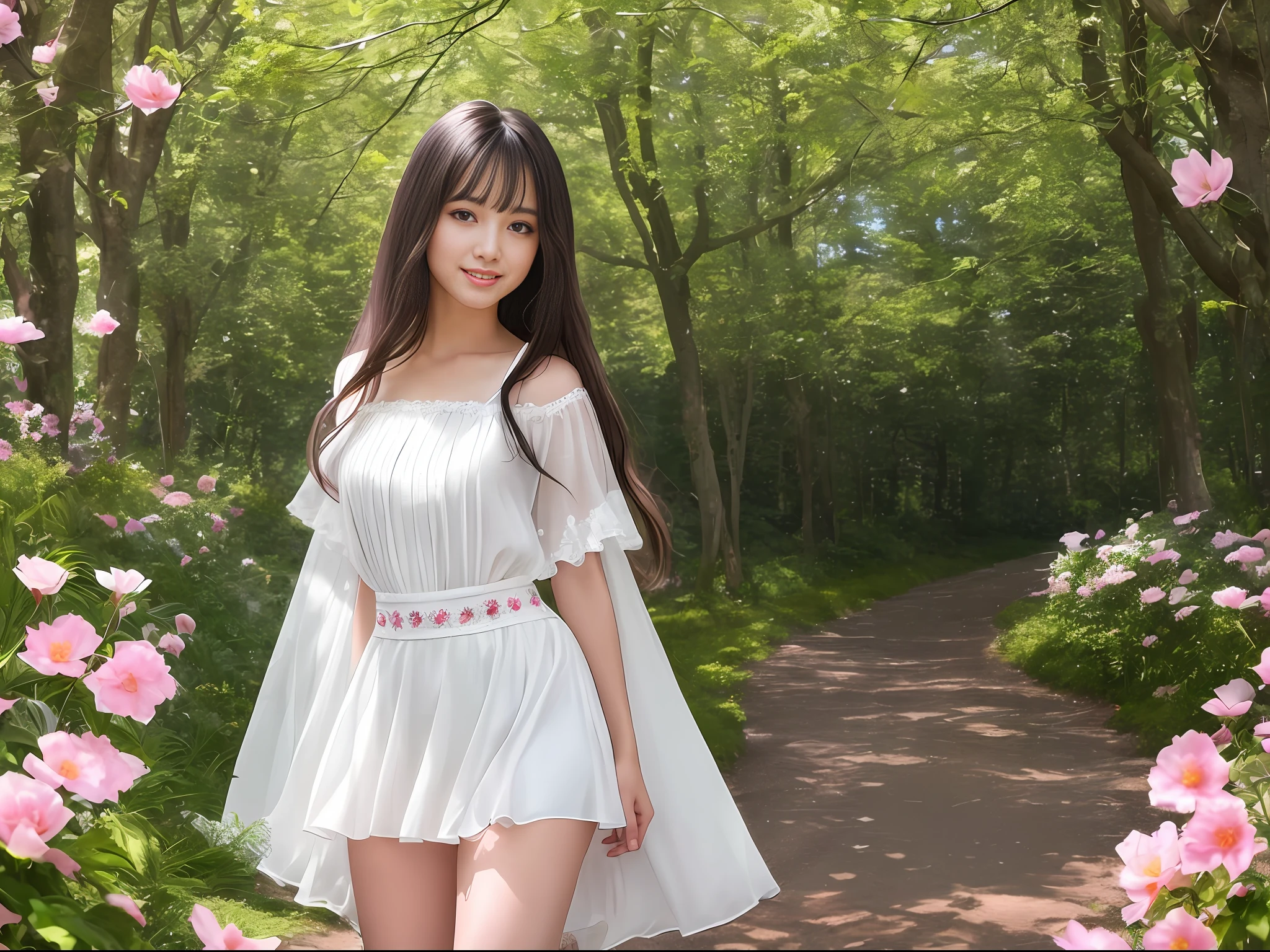 Ray-traced high-quality 8K photography art, instantly reflected eyes and long eyelashes close-up, showing a mysterious aura smile (smile full and mysterious: 1.2), fine skin texture, ultra-high detail restoration (super detail), large-angle natural scenes bring towering trees, blooming petals, colorful butterflies, gentle and charming effects attract attention, wild long-haired girl lonely solo (full body: 1.3), white stockings are just right, the picture is rich in detail, like flowers