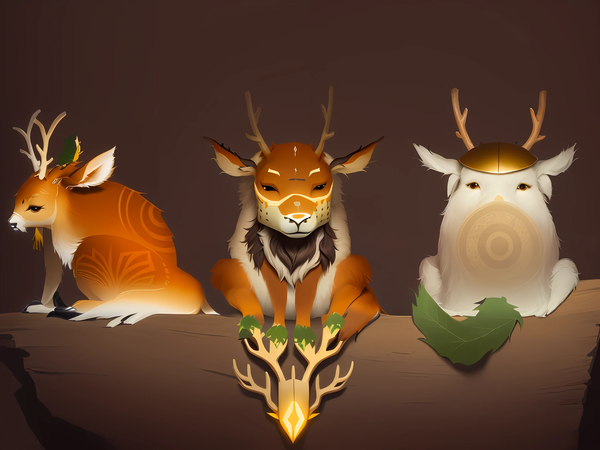 Three animals of the same type sit side by side, anthropomorphic deer, anthropomorphic deer, anthropomorphic deer female, anthropomorphic female deer, short antlers, finished concept art, [character design], spirit fantasy concept art, concept sheet, forest spirit, animated character design, ancient antler god, thin antlers