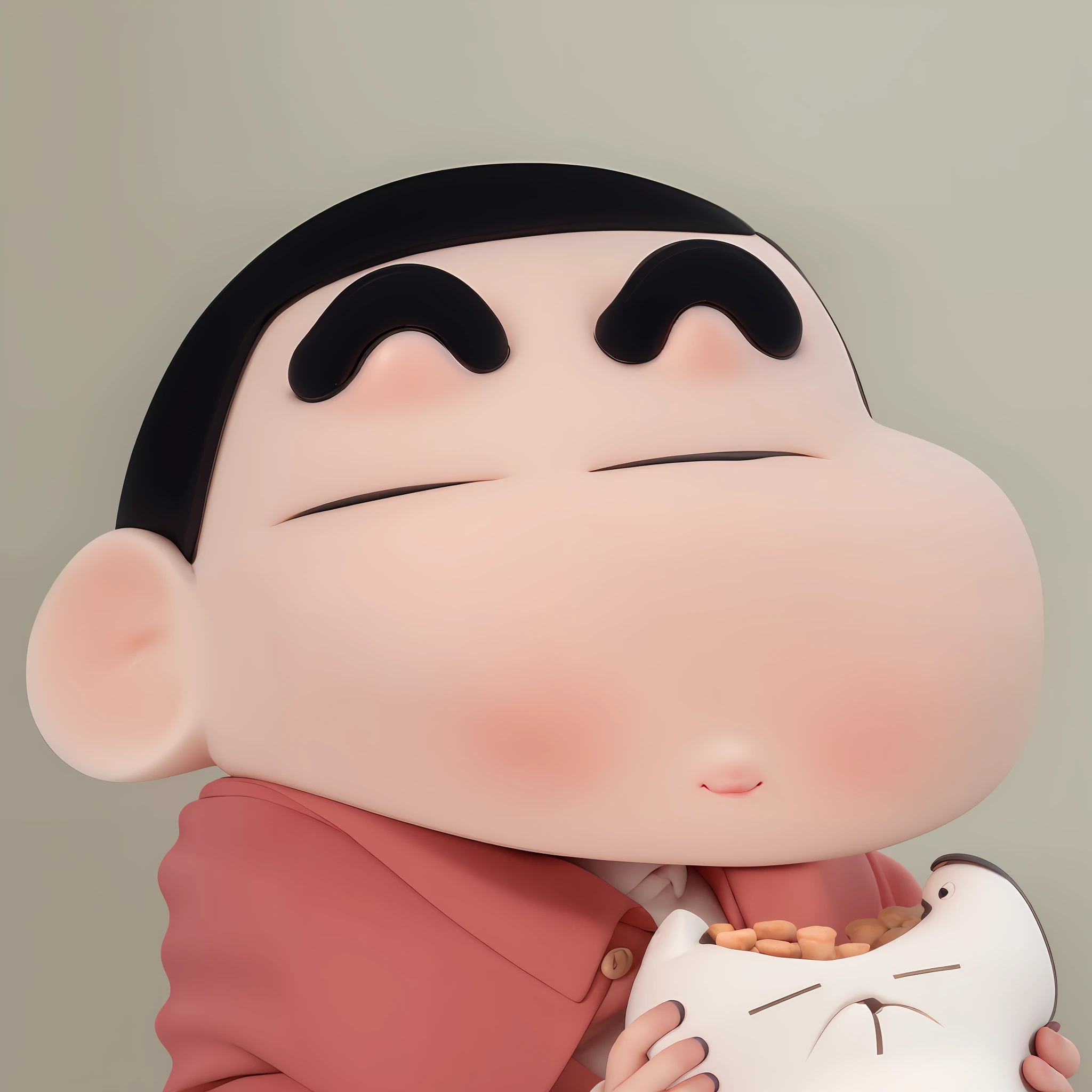 Masterpiece, Best Quality, High Resolution, 1BOY, Ultra High Resolution, Solo, Upper Body Close-up, Chewing, Bread in Hand, Eyes Closed, Eyebrows, 3D, Figures, Doll, Blind Box, Lip Reserved