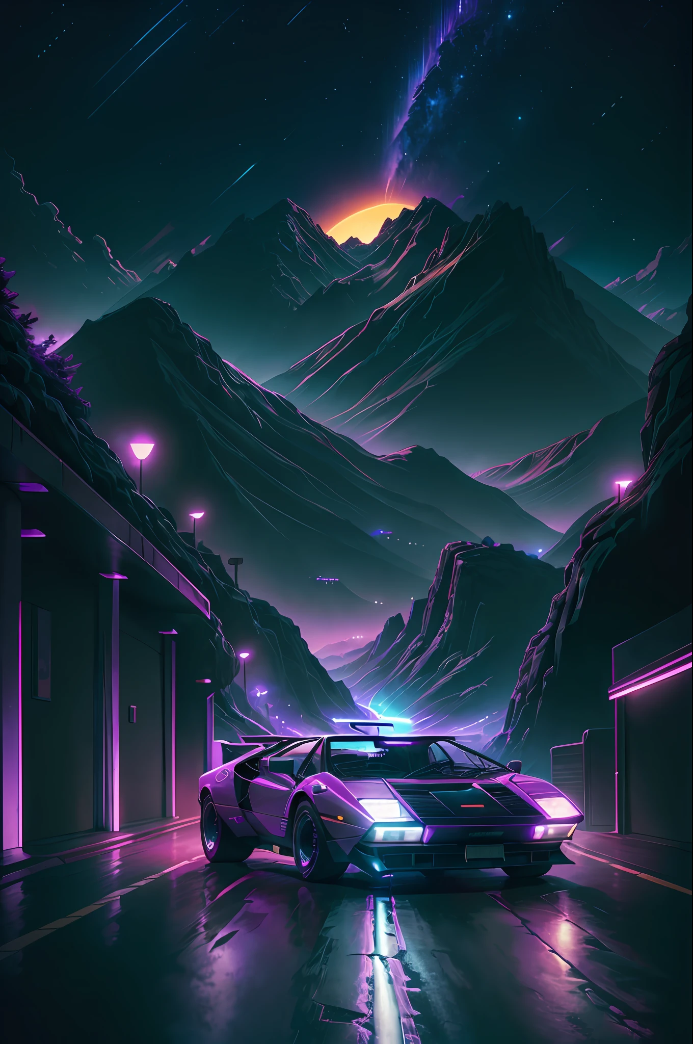 retrowave. 1982 lamborghini countach 500 S model on the road road, purple neon lights, sun, mountain,
(masterpiece,detailed,highres),