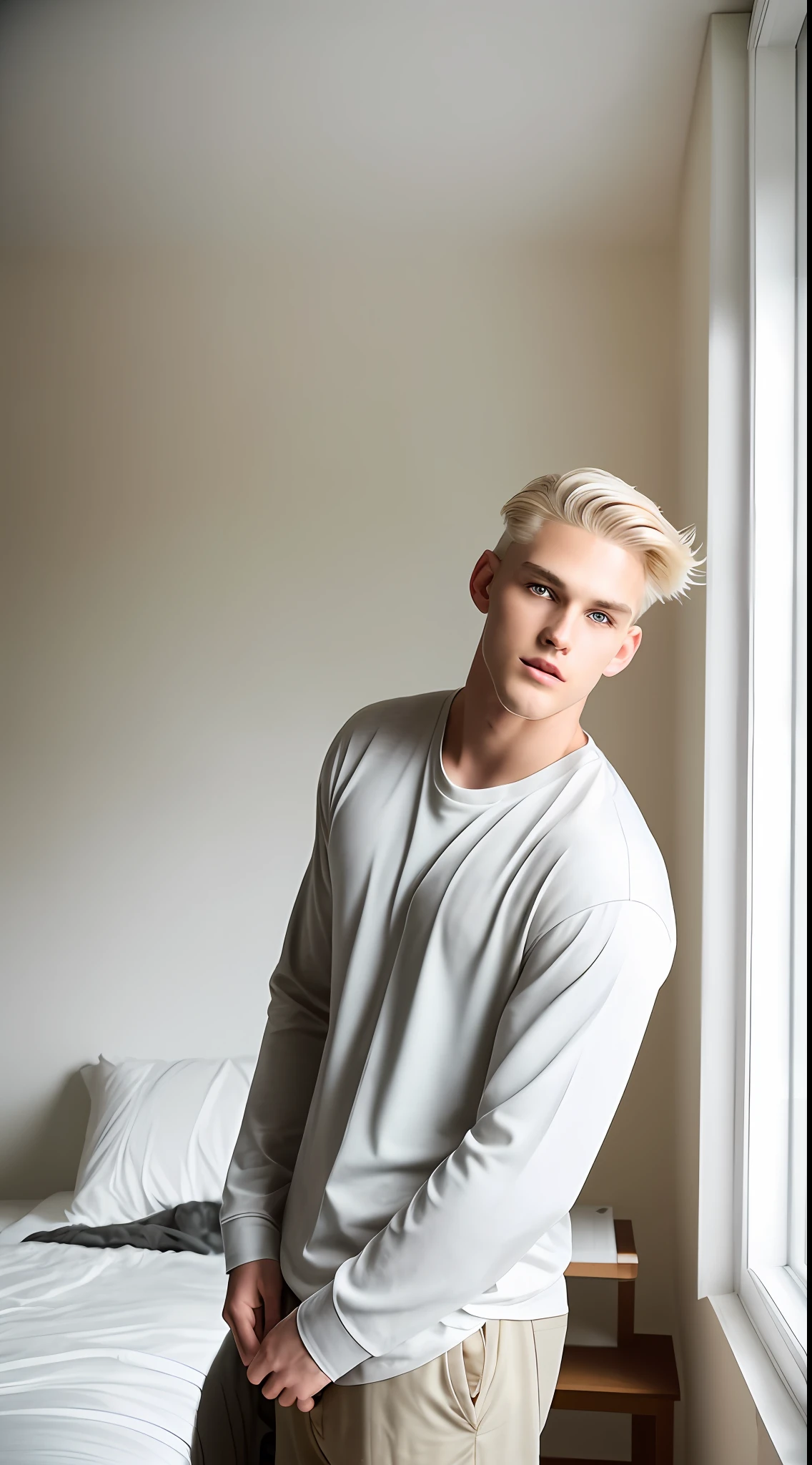 Photo in Raw, Fashion photo essay, a male model, blonde hair, light eyes, room with natural light, comfortable clothes, with contour light in the hair and soft light on the face, general plan, high quality, Sony A7III, 8k, lens 16 mm 2.4
