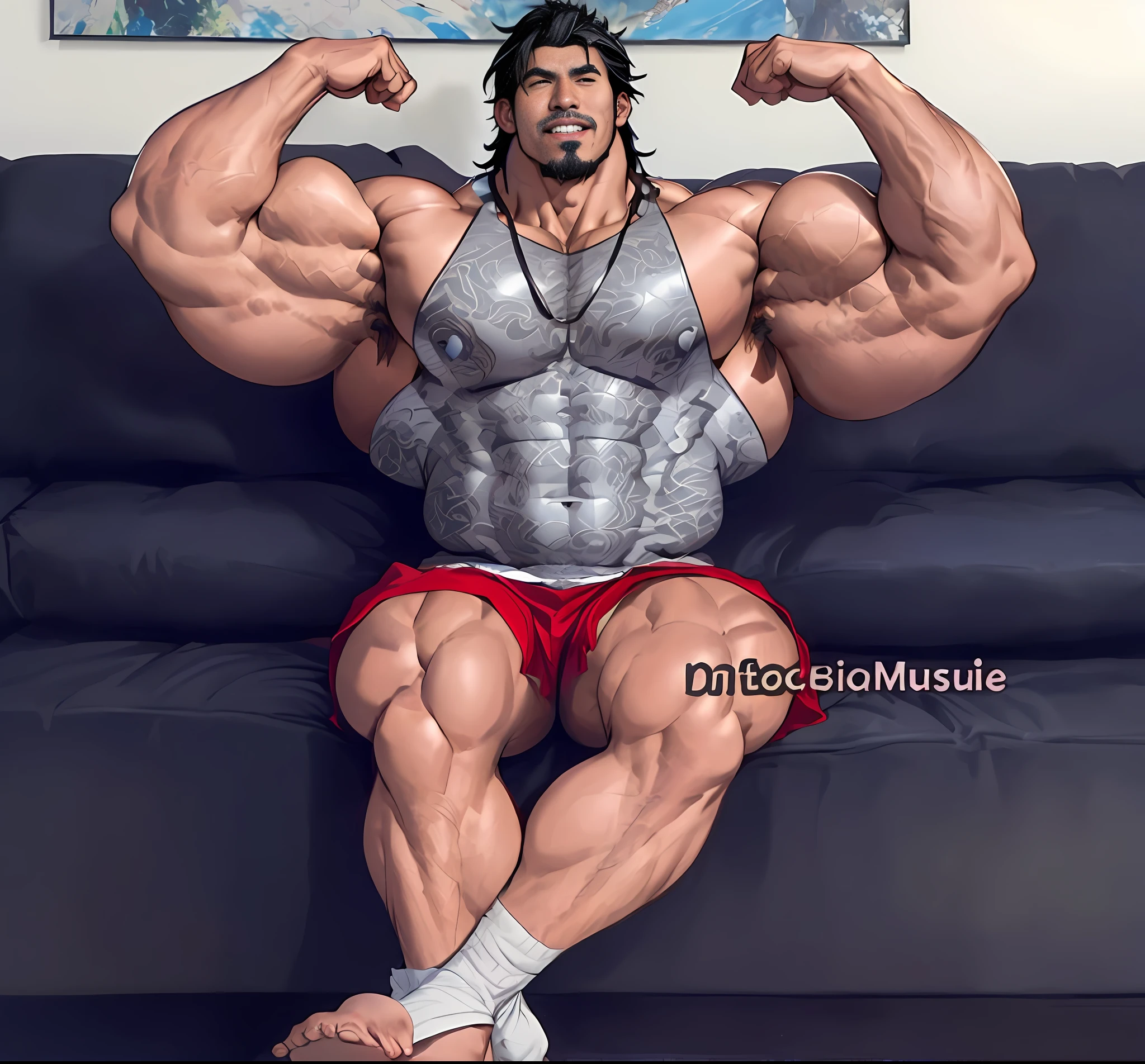 A close up photo of yami sukehiro, muscular, huge muscles, hyper muscles, hyperrealistic, goatee, black hair