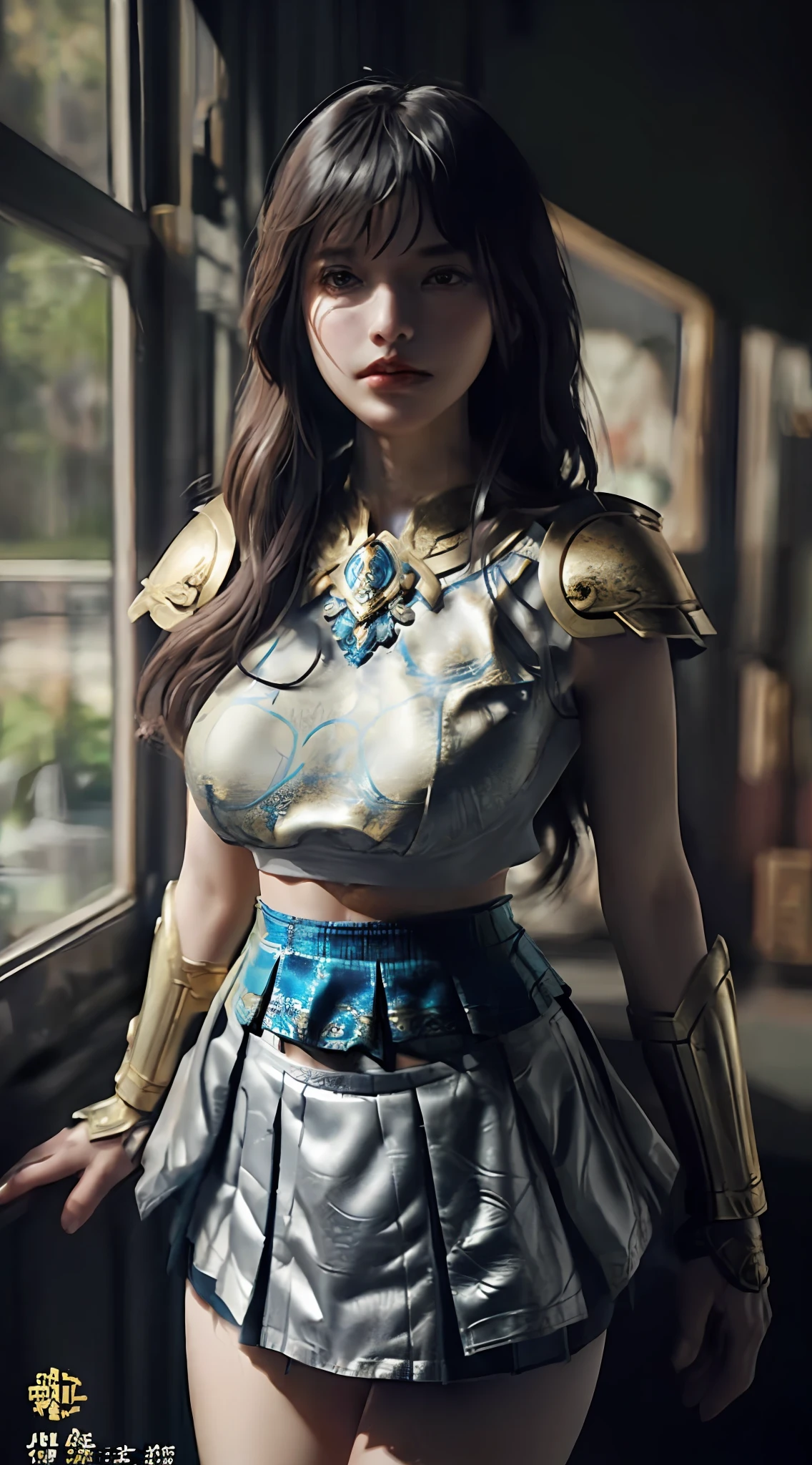 a sexy woman in a gold and blue lotus lace armor skirt, chengwei pan on artstation, by Yang J, detailed fantasy art, stunning character art, fanart best artstation, epic exquisite character art, beautiful armor, extremely detailed artgerm, detailed digital anime art, artgerm on artstation pixiv, armor girl, cleavage:1.2 , big breasts:1.3, (mini skirt:1.5)