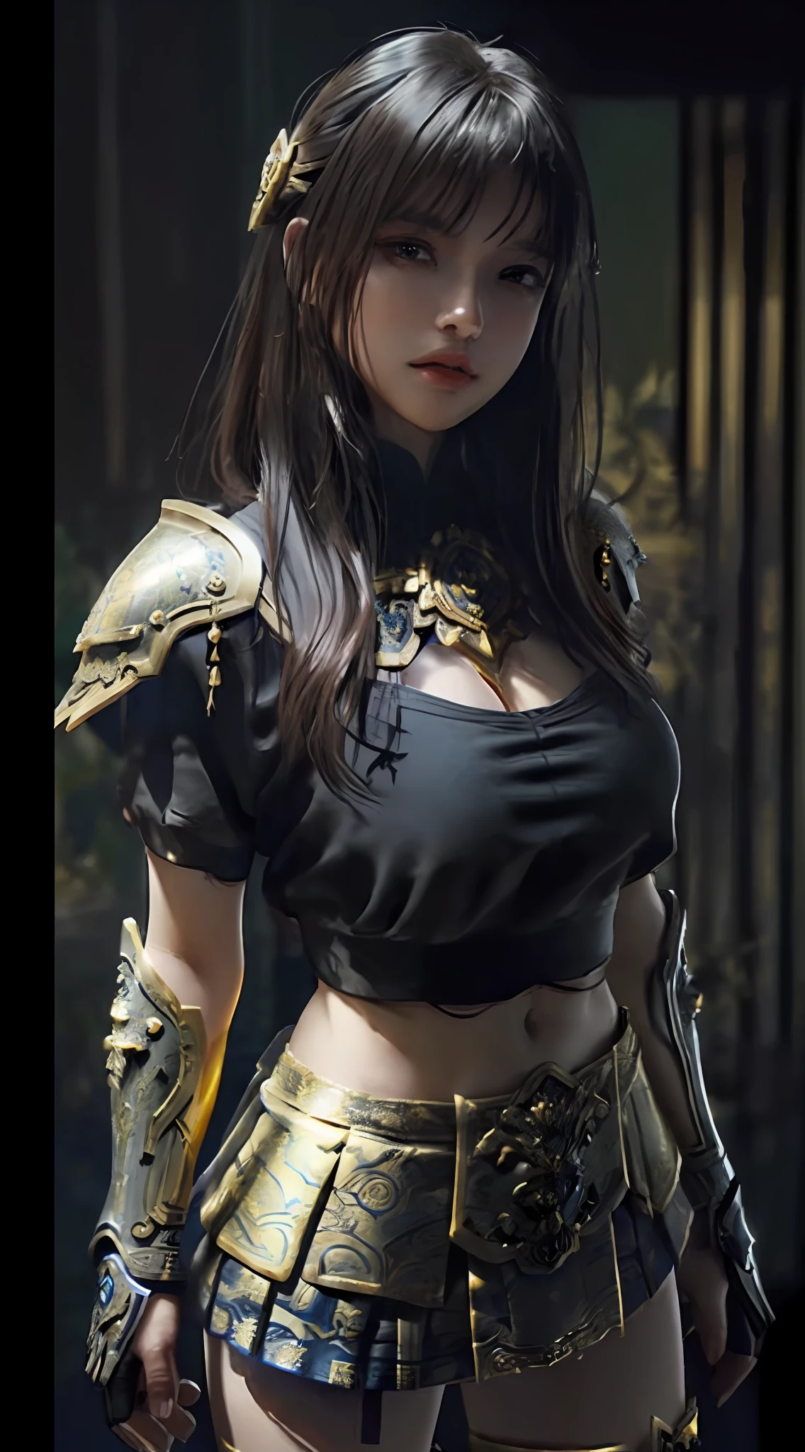 a sexy woman in a gold and blue lotus lace armor skirt, chengwei pan on artstation, by Yang J, detailed fantasy art, stunning character art, fanart best artstation, epic exquisite character art, beautiful armor, extremely detailed artgerm, detailed digital anime art, artgerm on artstation pixiv, armor girl, cleavage:1.2 , big breasts:1.3, (mini skirt:1.5)