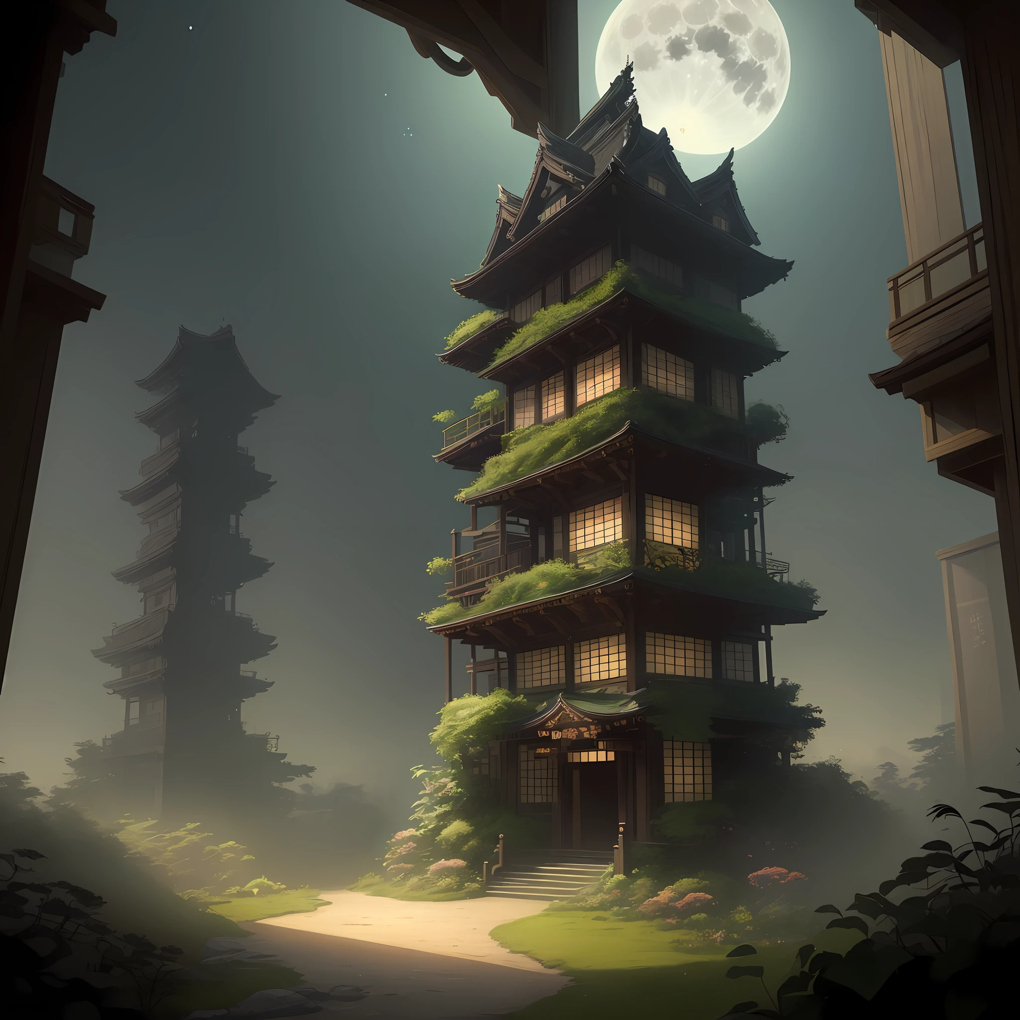 (Illustration: 1.3), (Secret Garden), Pure Scene, Background, Full Moon, Japanese Wind, Japanese, Japanese Style, Lush, Floral, Rose, (Plant), Romanticism, Moody, Space, Stars, Nebula, Beautiful Clouds, Moon, Lattice, Lattice, Garden, Gazebo, (Realism: 1.5), (Good Shadows), Good Architecture, Volume Lighting, Movies, Good Architecture, (Highest Quality, Award-Awarding, Masterpiece: 1.5), detailed and intricate digital illustration of a dense jungle full of exotic plants and animals, where sunlight filters through the canopy to create a mottled effect. Style, masterpieces, proportions, details, art station trends, beautiful lighting, realistic, complex, award-winning, 4k, highest quality award-winning, 4K digital painting in the style of Yoshitaka Amano. A detailed and complex depiction of the zombie apocalypse, subtly capturing the chaos and drama of the scene. Beautiful lighting and cinematic composition make this piece a true masterpiece, popular on ArtStation