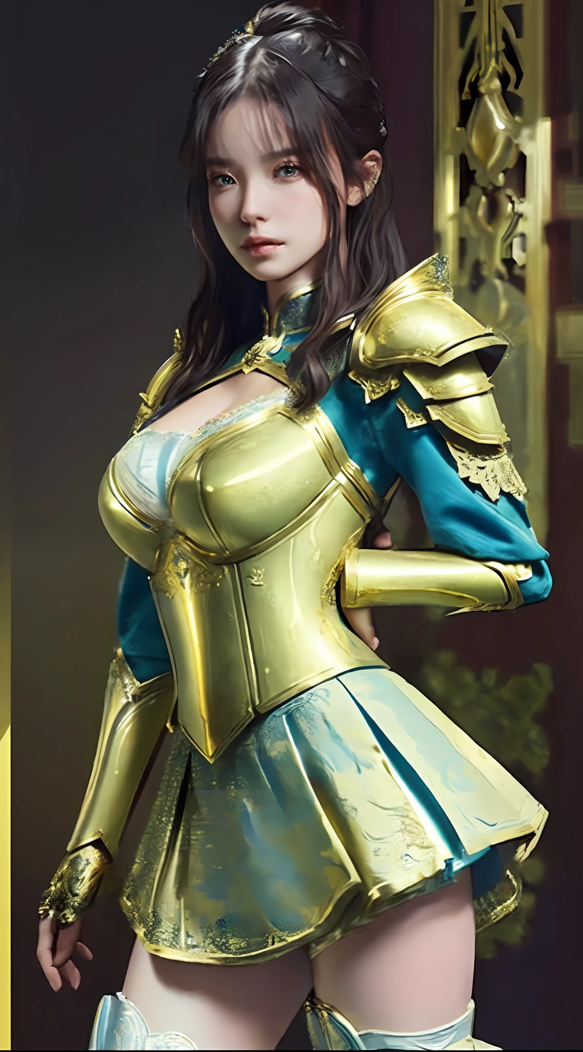 a sexy woman in a gold and blue lotus lace armor skirt, chengwei pan on artstation, by Yang J, detailed fantasy art, stunning character art, fanart best artstation, epic exquisite character art, beautiful armor, extremely detailed artgerm, detailed digital anime art, artgerm on artstation pixiv, armor girl, cleavage:1.2 , big breasts:1.2, (mini skirt:1,5)