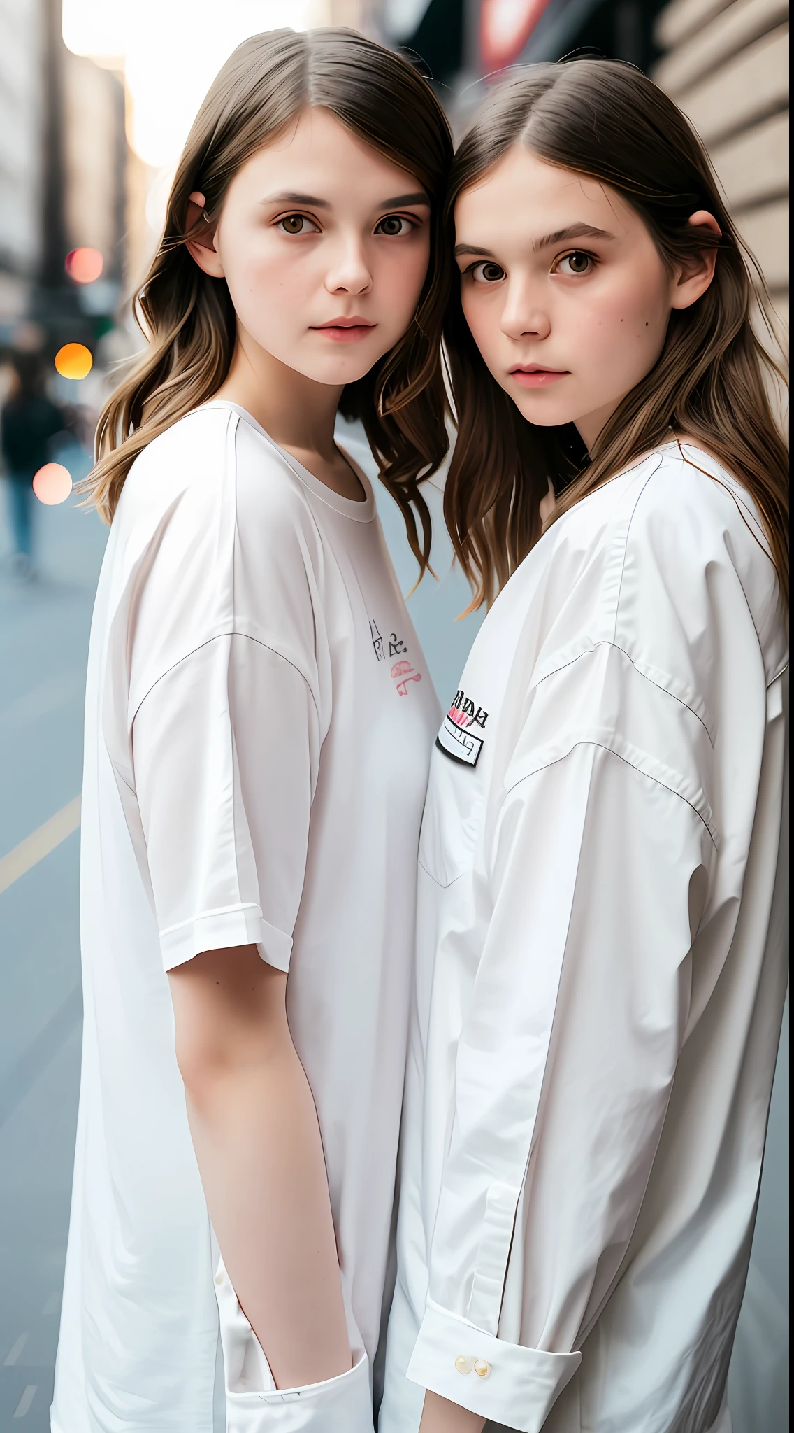 Photo in Raw, Fashion photo essay, two girls, brown hair, light eyes, city, on the street, urban, couple of two girls, lesbian couple, late afternoon, delicate, looking at each other, comfortable clothes, with contour light in the hair and soft light on the face, general plan, high quality, Sony A7III, 8k, lens 16 mm 2.4
