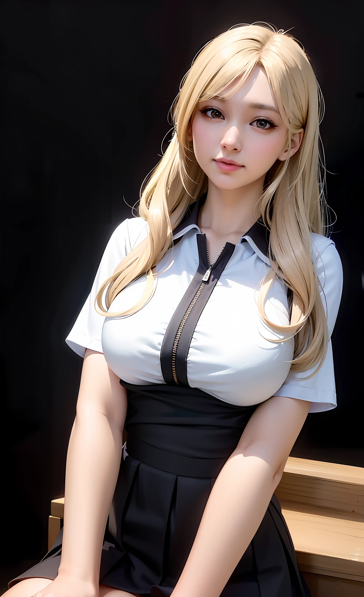 araffed woman in a short skirt and a white shirt, perfect android girl, hyperrealistic schoolgirl, a hyperrealistic schoolgirl, japanese goddess, korean girl, blonde goddess, realistic schoolgirl, japanese model, seductive anime girl, with long blond hair, really large bust, hyperrealistic full figure, trending at cgstation, anime girl cosplay, beautiful blonde girl