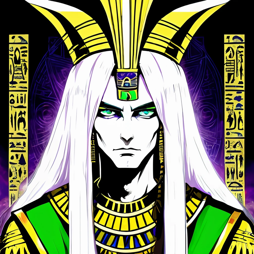 Egyptian pharaoh, long white hair, green eyes, due to his high knowledge of occult magic, managed to communicate with beings from another planet thus achieving technology for his people
