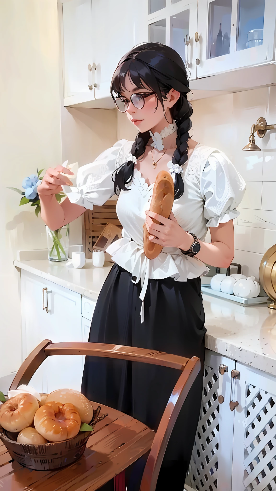 There was a woman standing in the kitchen with a baguette in her hand, wearing white puff sleeves, black glasses and a watch, and a dining cart with bread in front of her.