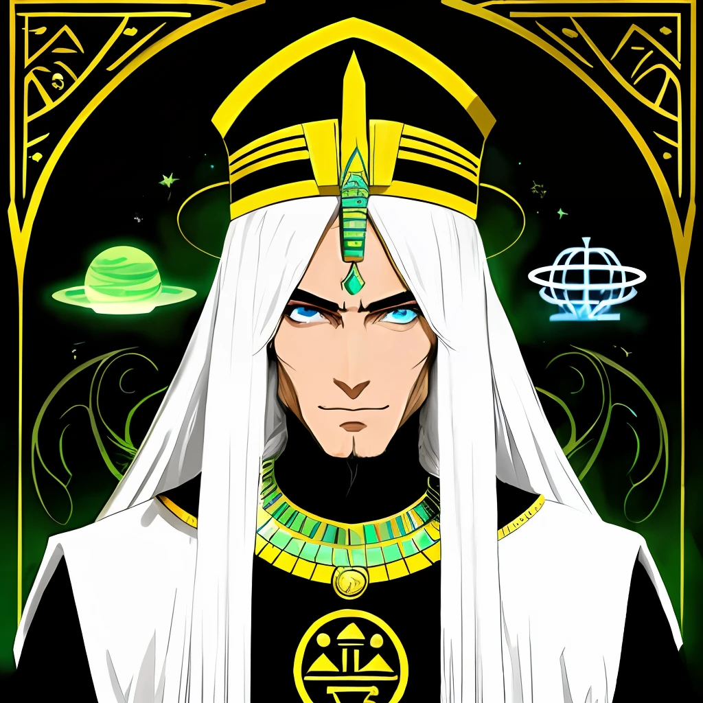 Egyptian pharaoh, long white hair, green eyes, due to his high knowledge of occult magic, managed to communicate with beings from another planet thus achieving technology for his people