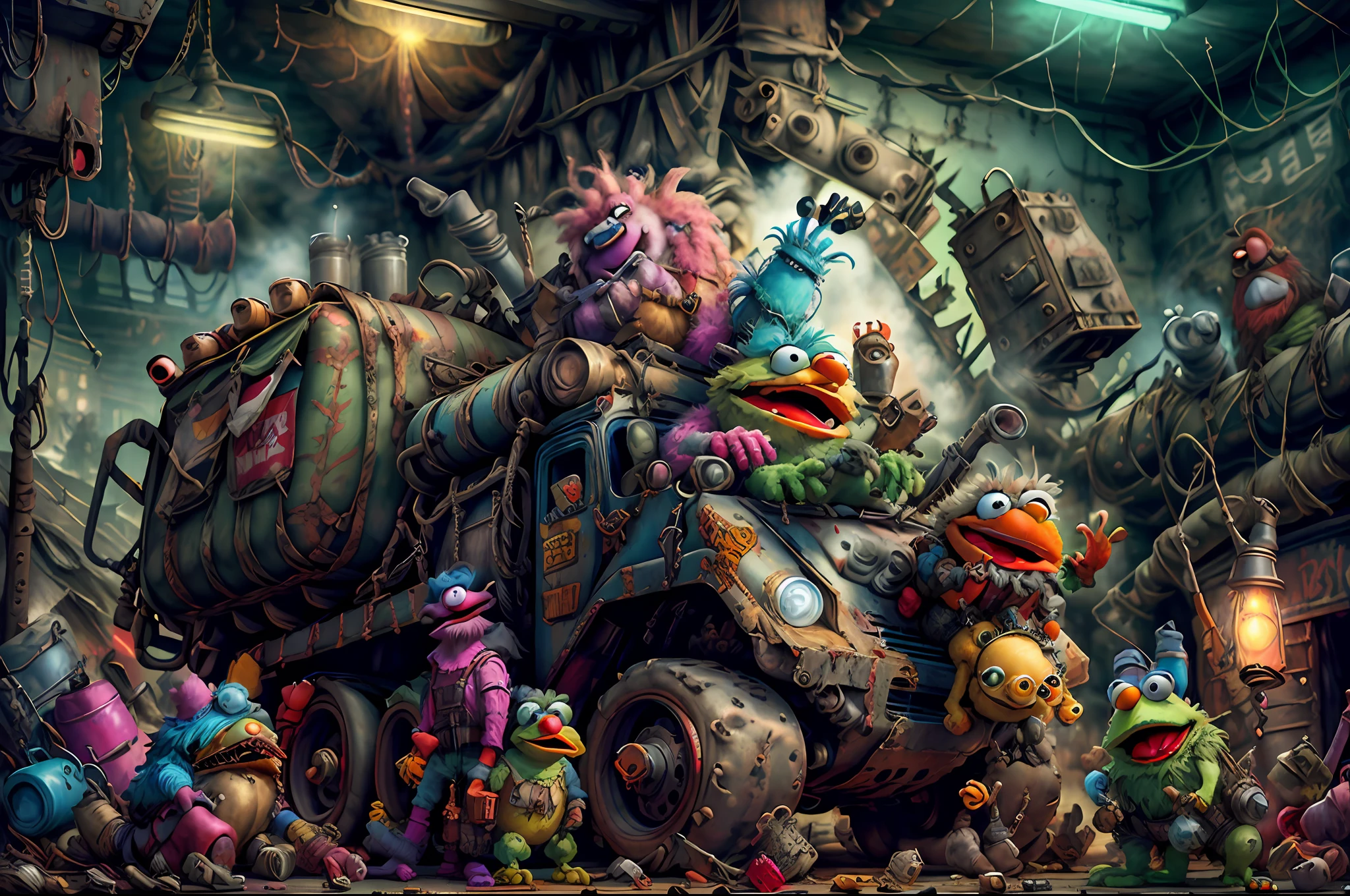 concept art (MuppetManiaAI garbage_truck:1.1) with a pintle-mounted machine gun, on a dirty cyberpunk sesame street, (industrial:0.8), (gritty:1.1), worn, weathered,