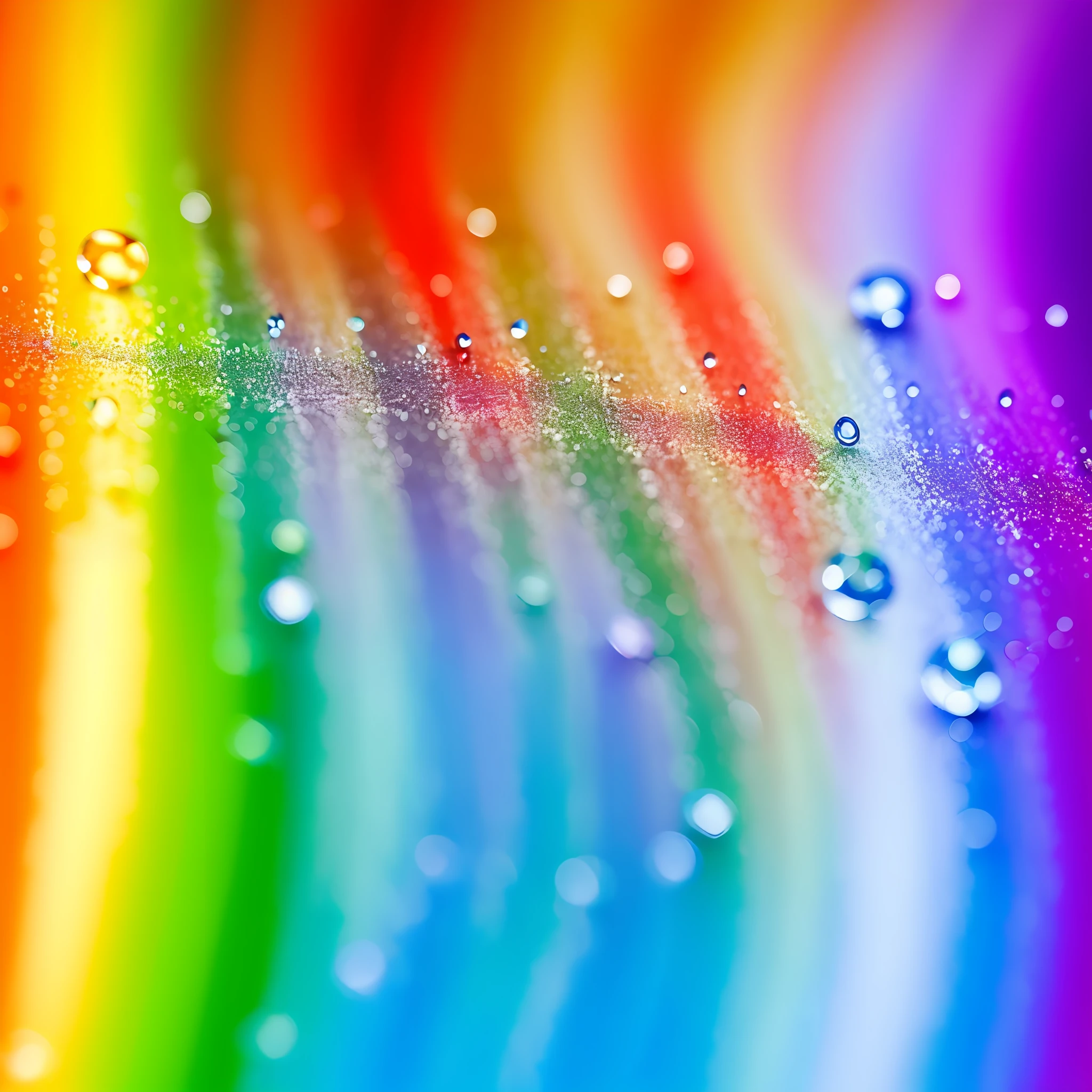 hyper realistic close up raindrops falling on rainbow colored water