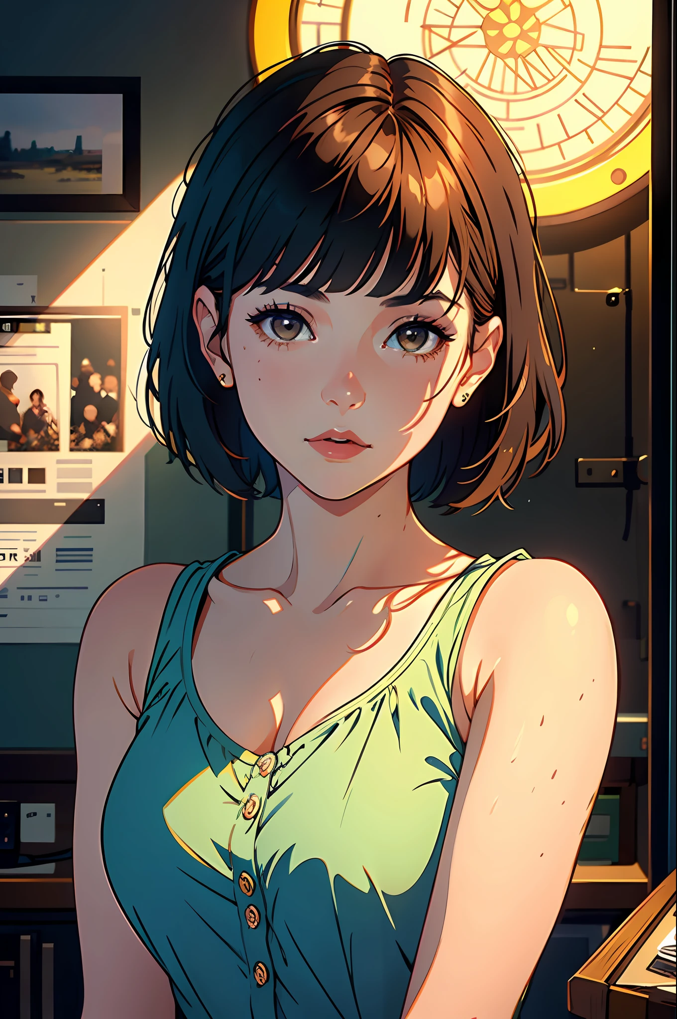 A girl with short brown hair and bangs captivates in a sleeveless blouse, set against a beautiful backdrop, illuminated by the stunning UHD studio lighting reminiscent of Paramount. Her hair frames her face with stylish flair, adding to her charm. The illustrative style draws inspiration from the contemporary and vibrant works of Audrey Kawasaki, known for her ethereal and emotive illustrations. The color palette combines warm earthy tones with pops of complementary colors, creating a visually captivating composition. The camera angle captures the girl in a natural and relaxed pose, showcasing her effortless beauty in the carefully crafted studio setting.