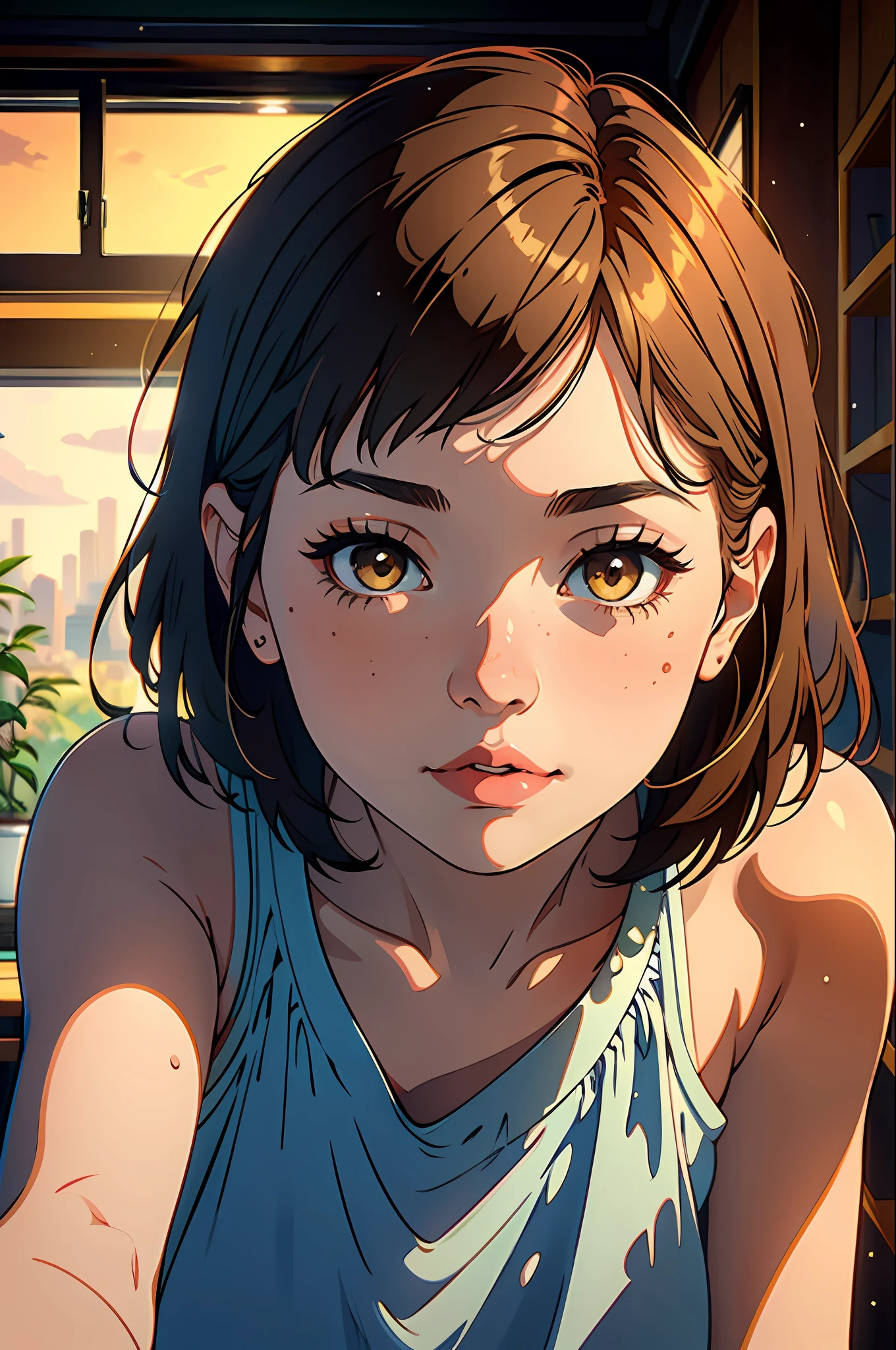 A girl with short brown hair and bangs captivates in a sleeveless blouse, set against a beautiful backdrop, illuminated by the stunning UHD studio lighting reminiscent of Paramount. Her hair frames her face with stylish flair, adding to her charm. The illustrative style draws inspiration from the contemporary and vibrant works of Audrey Kawasaki, known for her ethereal and emotive illustrations. The color palette combines warm earthy tones with pops of complementary colors, creating a visually captivating composition. The camera angle captures the girl in a natural and relaxed pose, showcasing her effortless beauty in the carefully crafted studio setting.