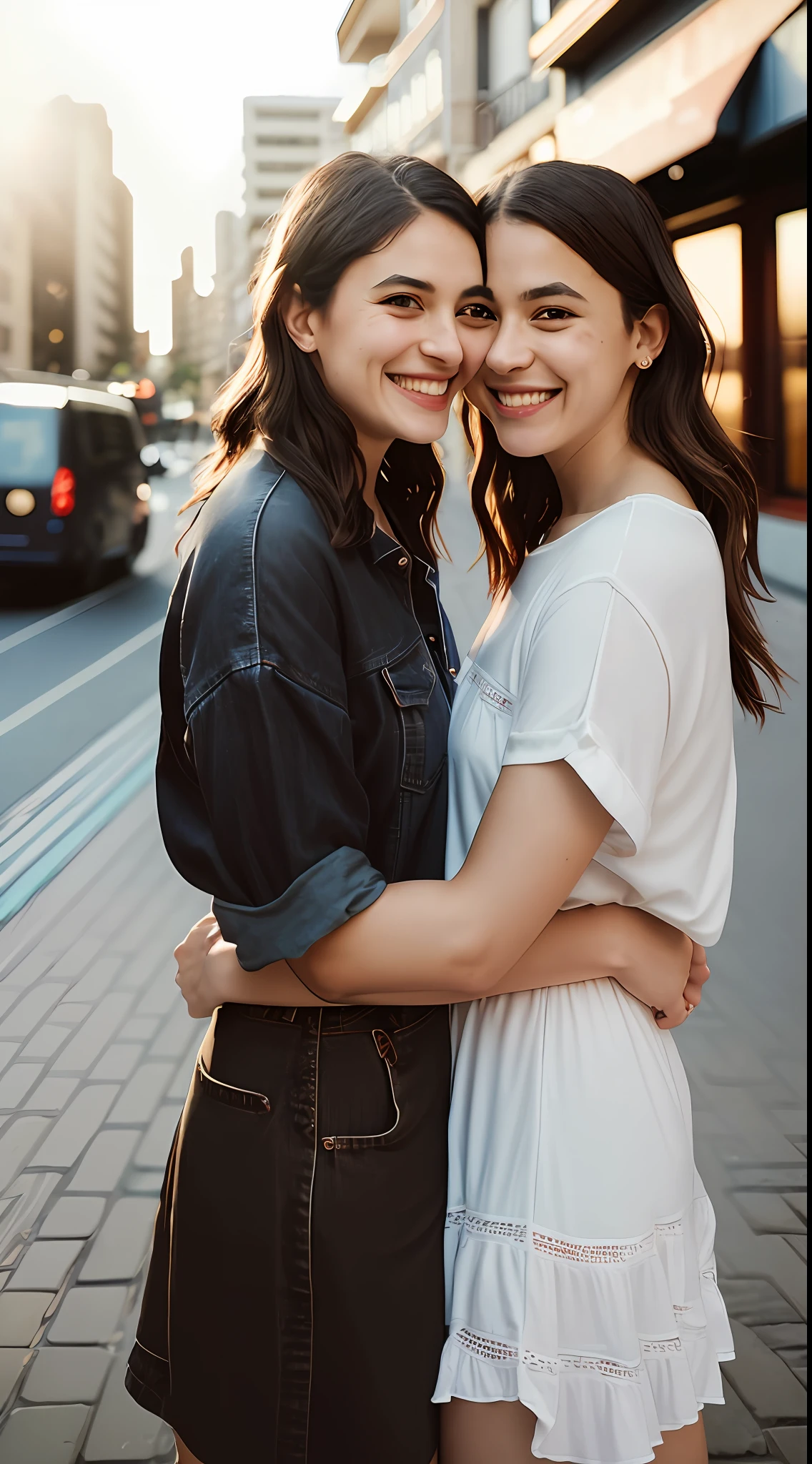 Photo in Raw, Photo essay, two women, brown hair, Brazilian women, light eyes, city, on the street, urban, couple of two women, lesbian couple, late afternoon, delicate, looking at each other, smiling, happy with each other, passionate, comfortable clothes, diffuse light on the face, open plan, high quality, Sony A7III, 8k, lens 16 mm 2.4