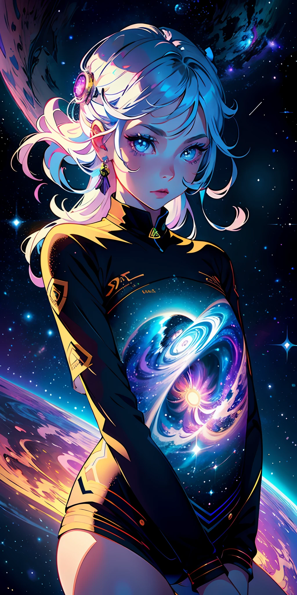 A girl in space captivates with her ((heterochromatic eyes)), each iris displaying a unique and enchanting color combination. Her eyes shimmer like celestial gems, reflecting the wonders of the cosmos. The illustrative style takes inspiration from the ethereal works of Jasmine Becket-Griffith, known for her enchanting and fantastical character illustrations. The color palette combines celestial shades of blues, purples, and hints of stardust-like glimmers. The camera angle captures the girl in a contemplative gaze, highlighting the mesmerizing beauty of her heterochromatic eyes amidst the vastness of space.